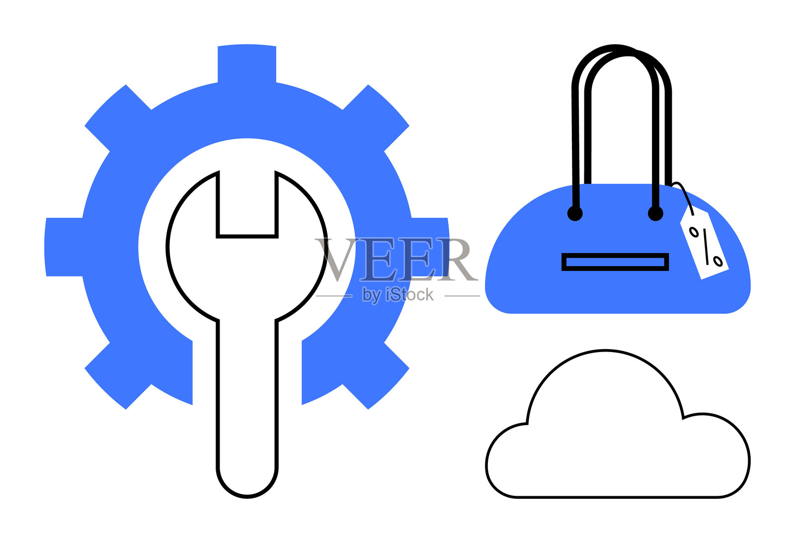 齿轮内的扳手、带价格标签的手提包和云。主题：工具、购物、云计算。插画图片素材