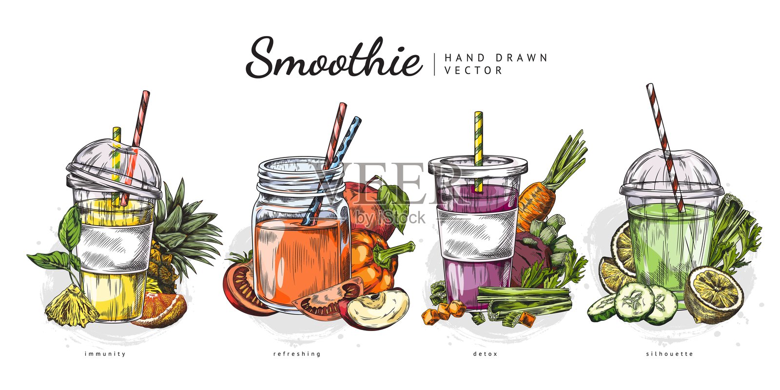 手绘蔬果冰沙矢量图集，自然有机摇饮鸡尾酒配吸管，排毒，增强免疫力插画图片素材