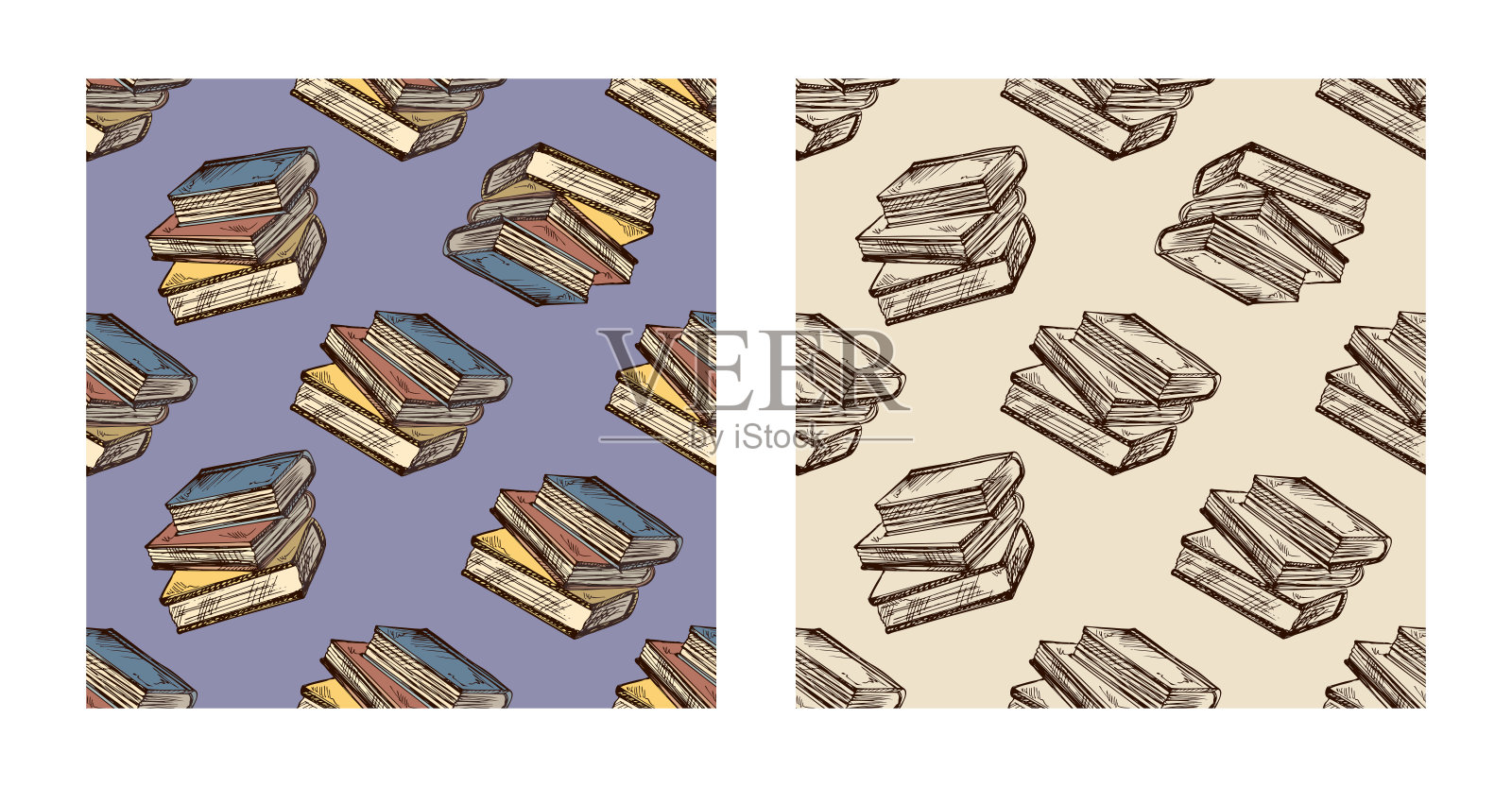 手绘复古无缝图案集，包含彩色和单色雕刻风格的闭合书籍插画图片素材
