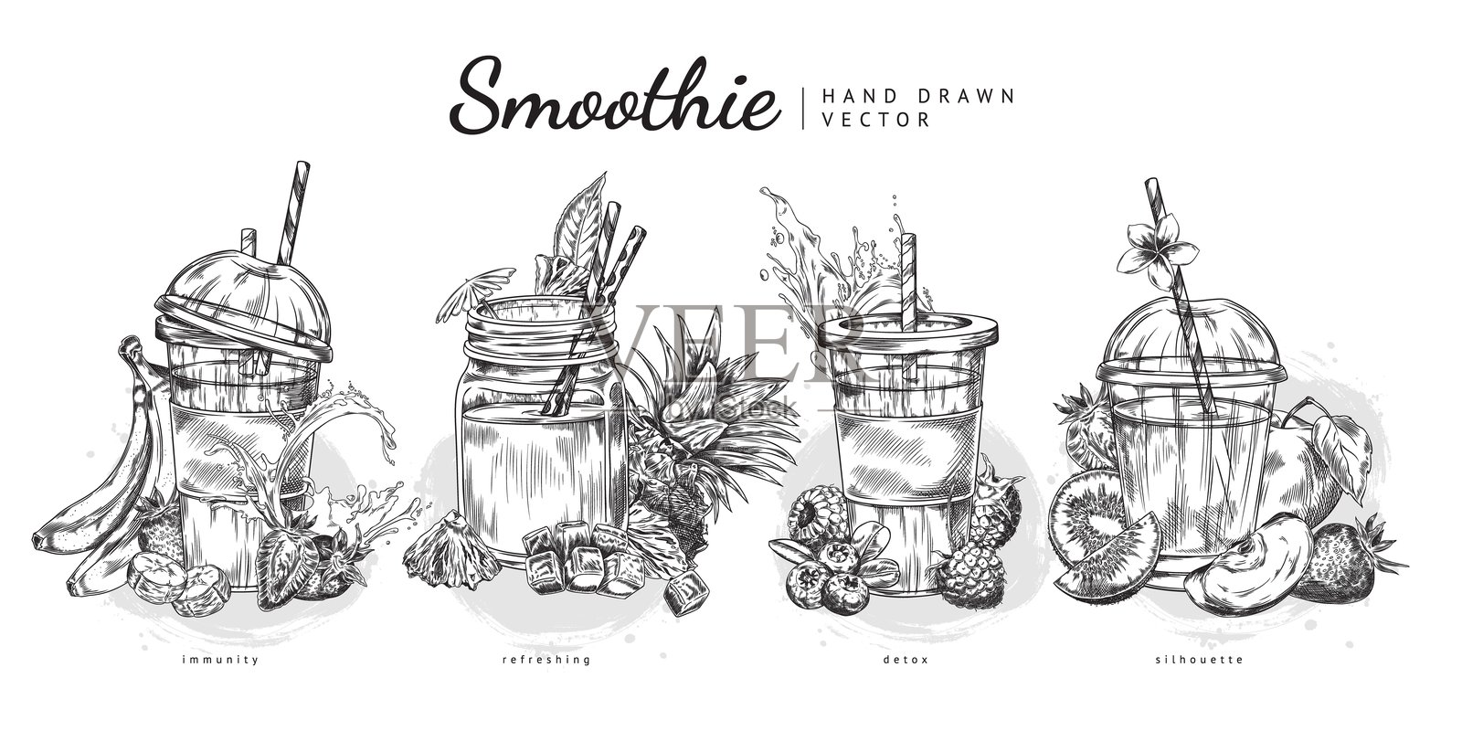 黑白插图的浆果和水果冰沙。插画图片素材