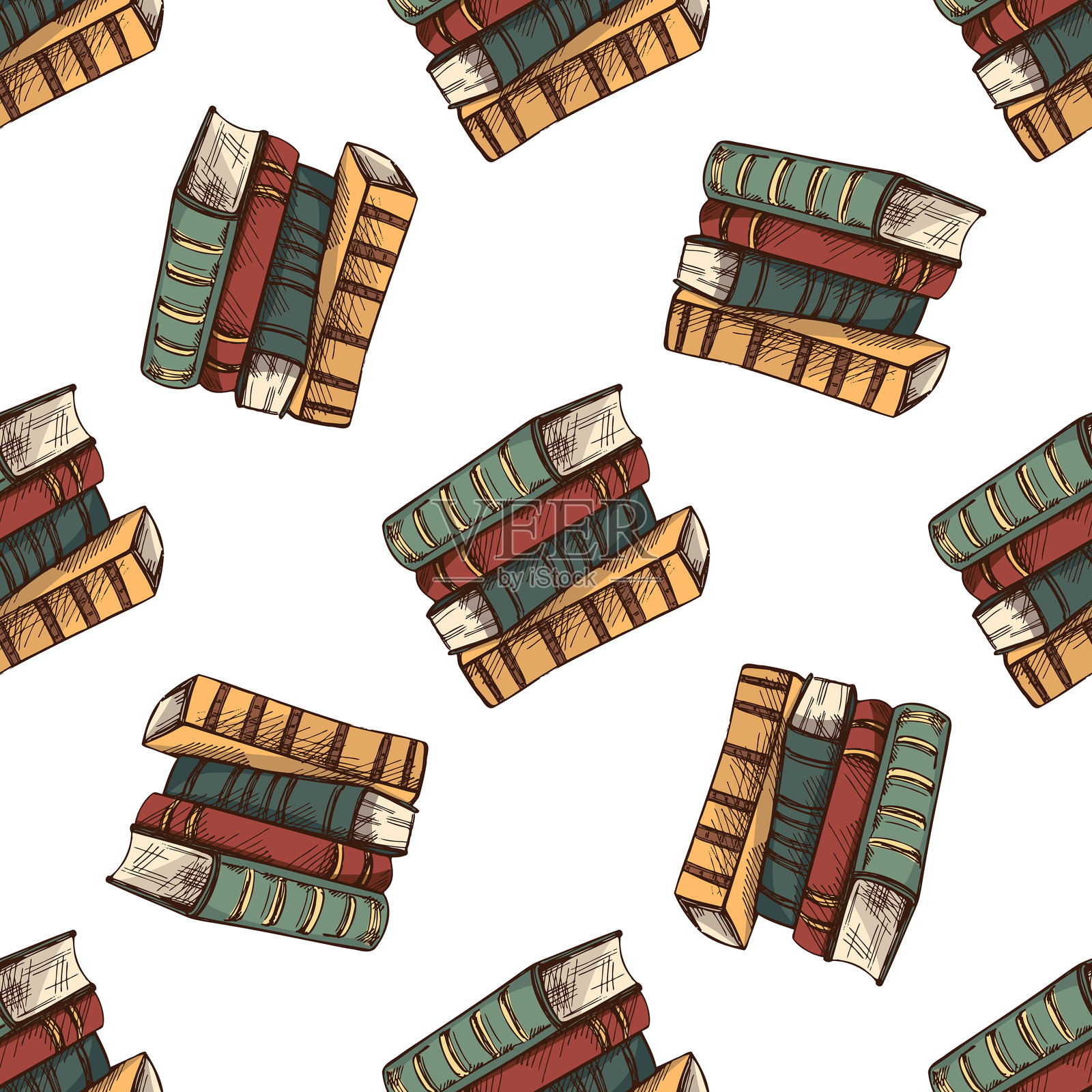 手绘复古风格的彩色经典封闭书籍堆叠素描，独立矢量插图插画图片素材