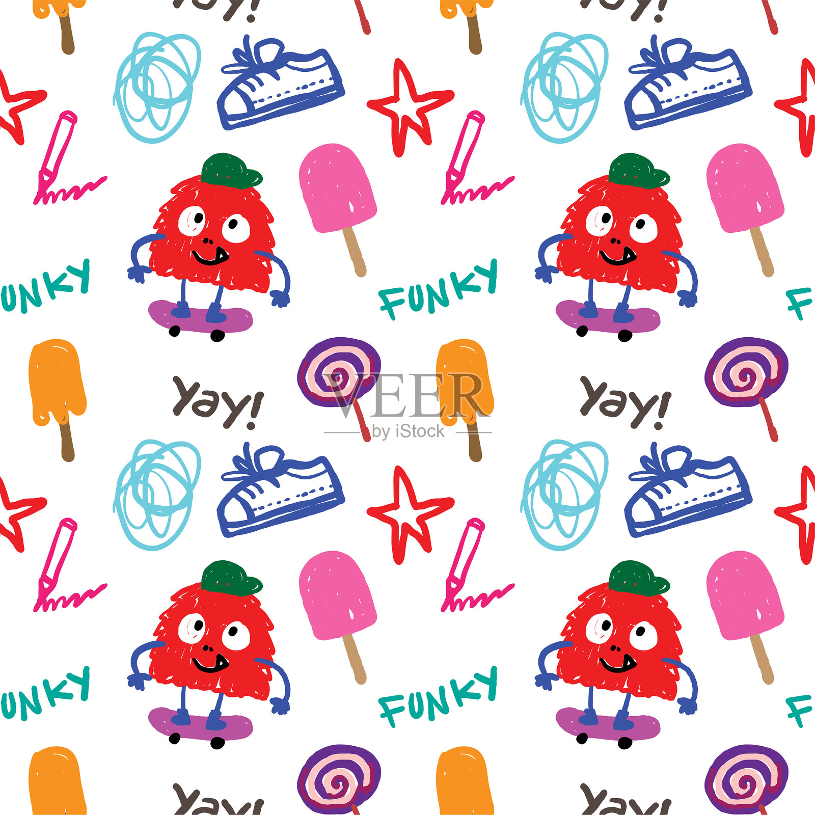 有趣的怪物与滑板、冰淇淋、鞋子、糖果、星星的彩色儿童涂鸦无缝图案插画图片素材
