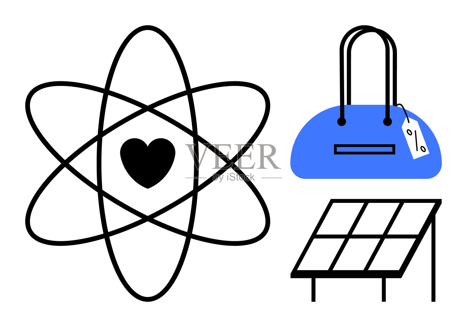 原子结构与心形图标、带价格标签的蓝色手袋和太阳能电池板展示插画图片素材