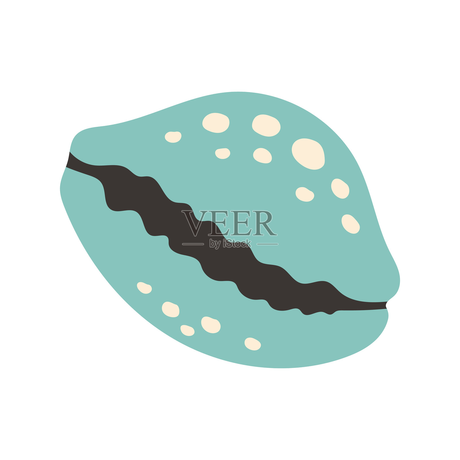 蓝色海螺贝壳的矢量插图，带有白色斑点和深色中心线。它看起来柔和而俏皮，非常适合海滩或夏季设计。插画图片素材