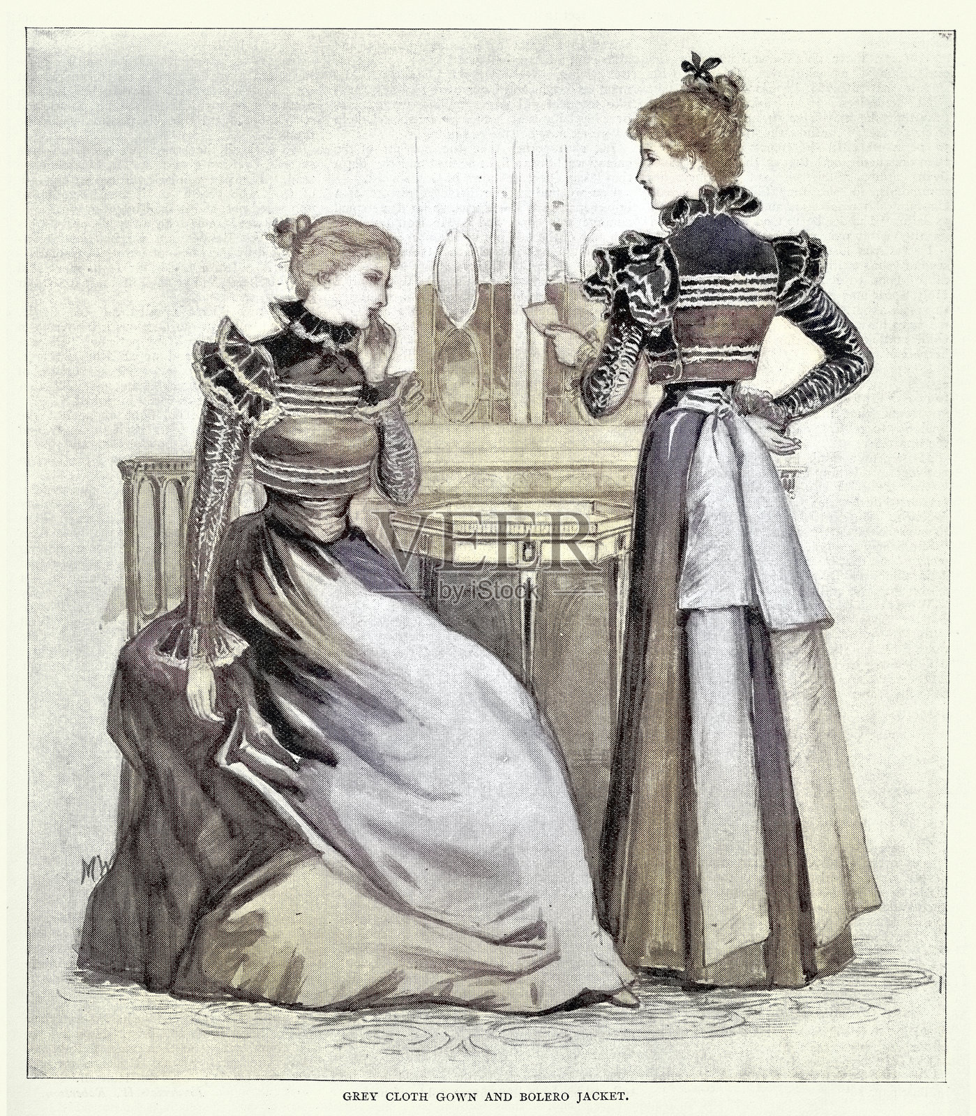 1890年代女性的时尚历史，穿着长袍和外套，19世纪风格，时期服装插画图片素材