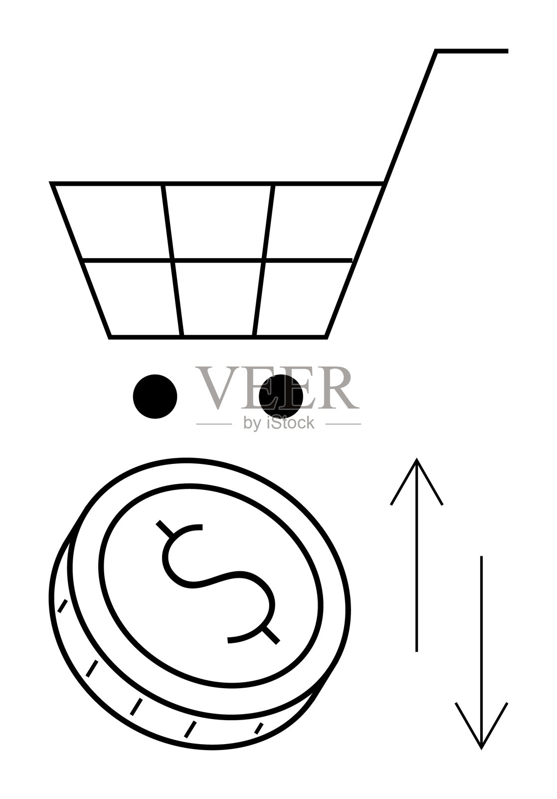 购物车内有美元硬币和箭头，象征着金融交易和零售经济。插画图片素材