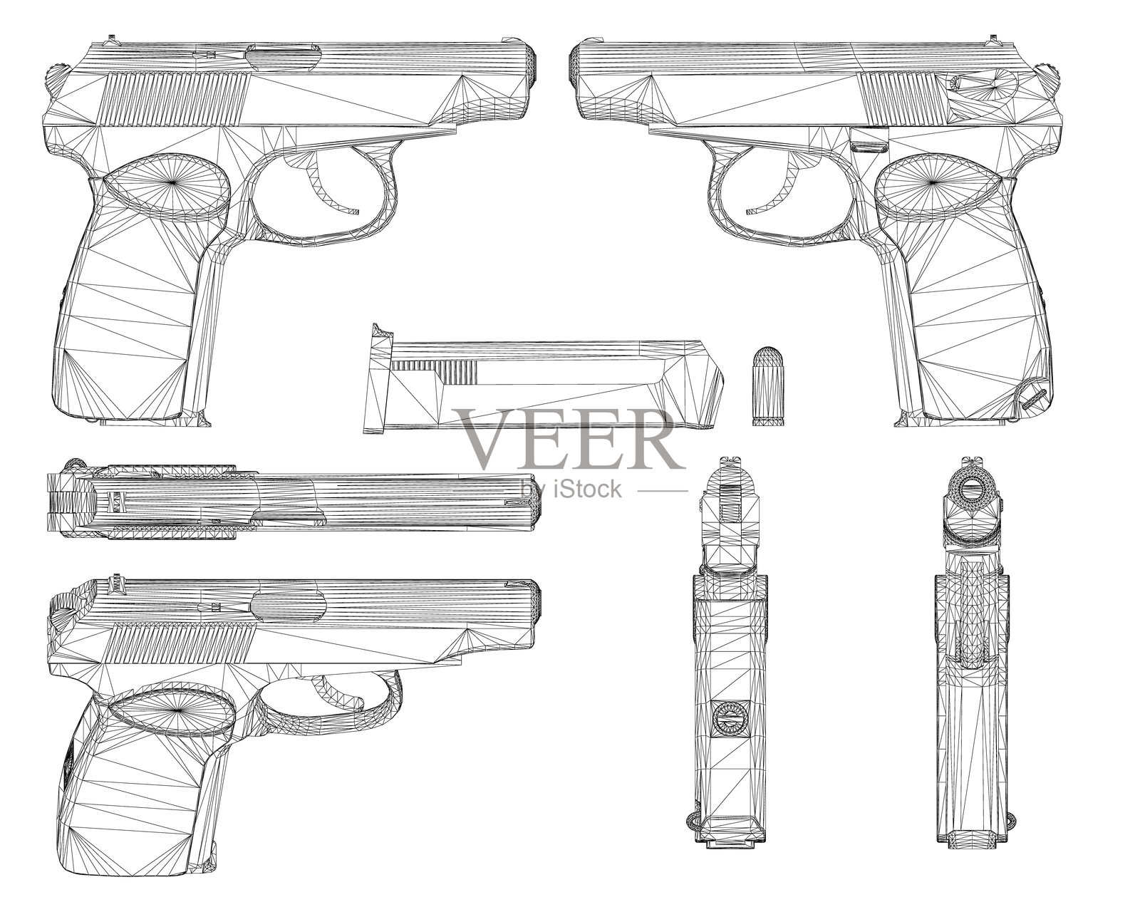 一把侧面展示的手枪特写，里面装有一颗子弹。插画图片素材