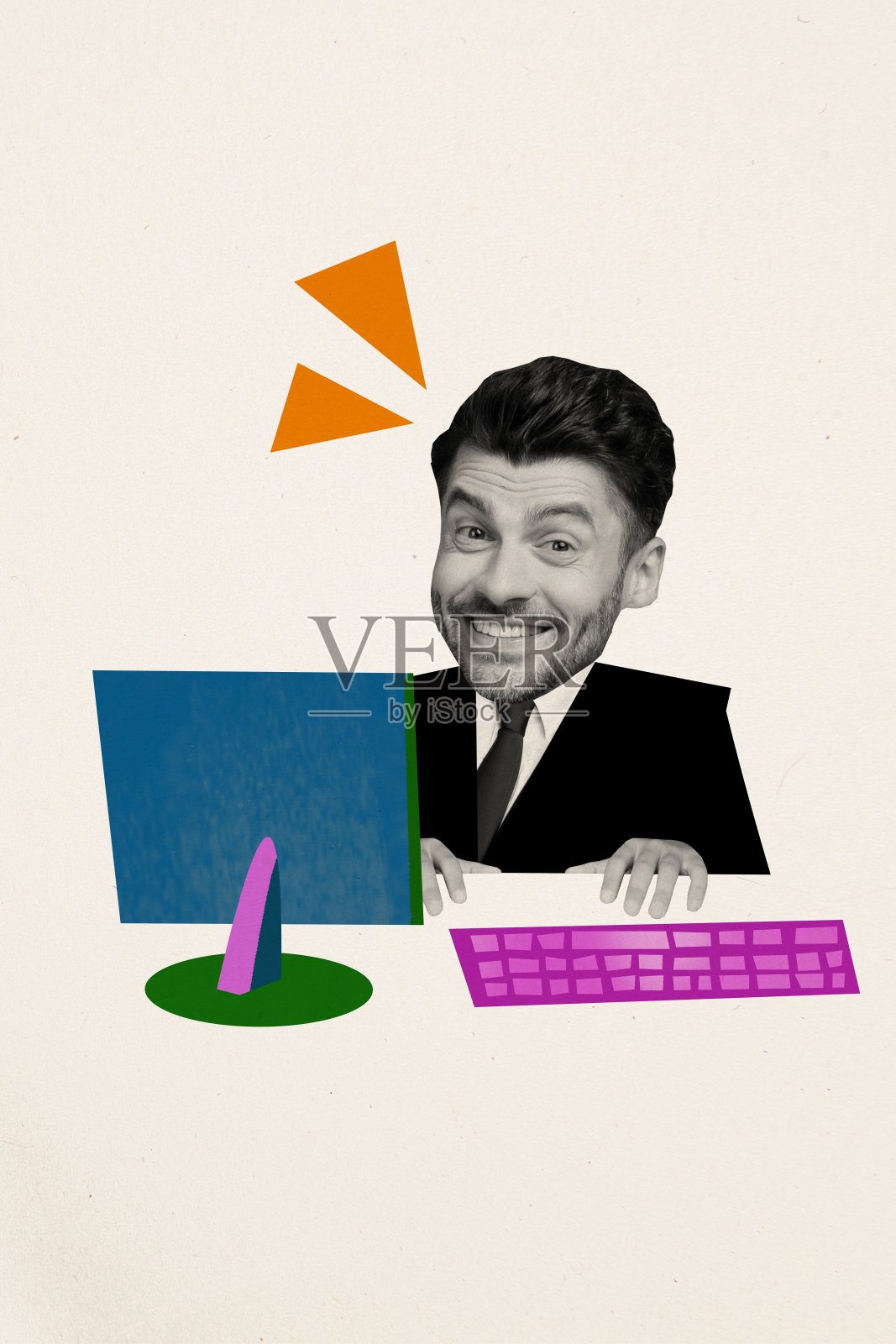 创意抽象模板拼贴，快乐搞笑的男人在办公室远程工作，幻想广告牌，漫画杂志，极简风格照片摄影图片