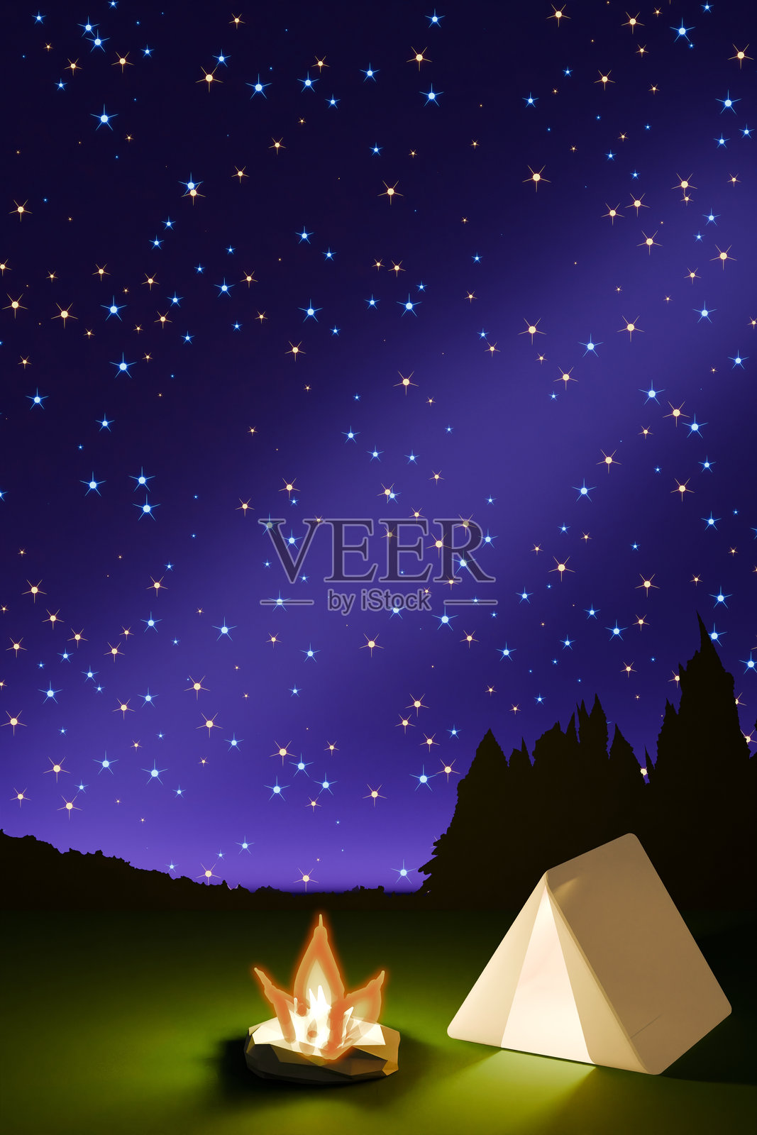 星空下的露营帐篷和篝火的3DCG风景（竖版）照片摄影图片