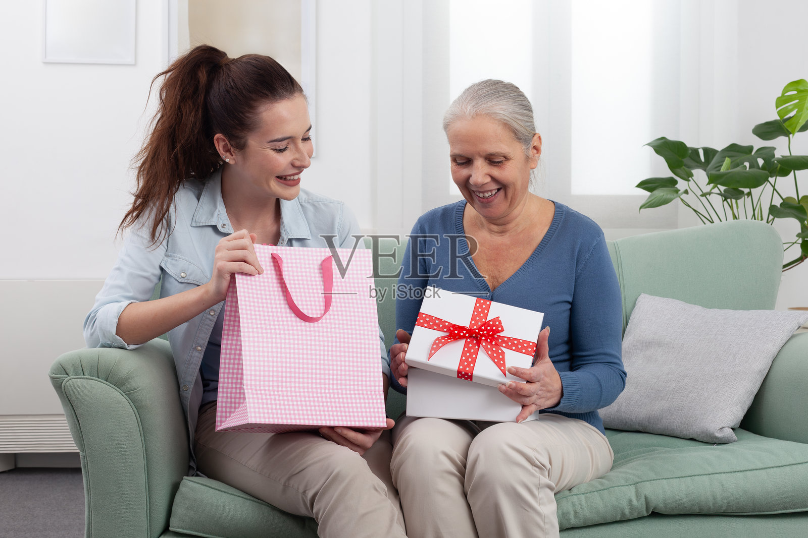 微笑的孙女在家中给快乐的祖母送礼物照片摄影图片