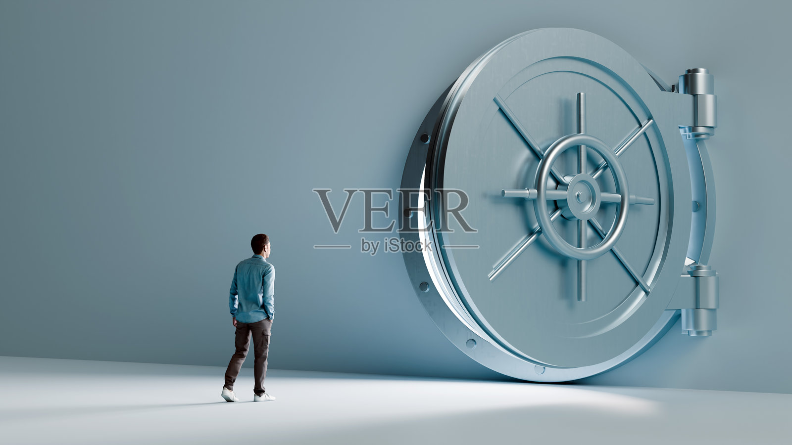 站在巨型保险库门前的男人 - 机会、安全和未来潜力，3D渲染照片摄影图片