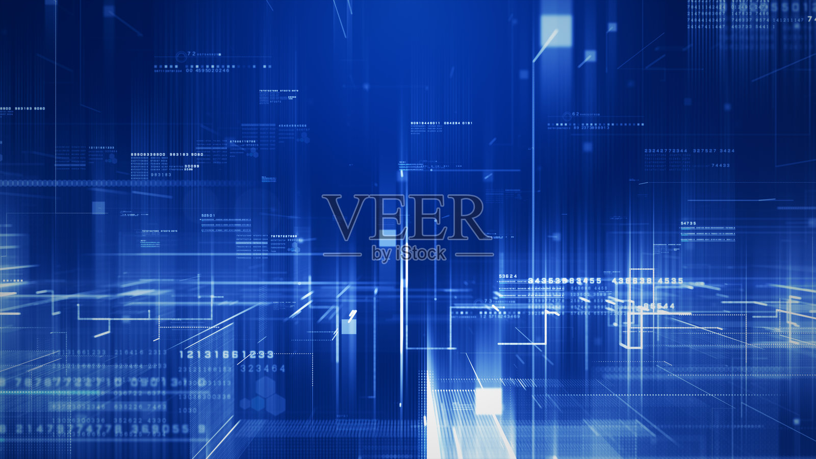 抽象数字背景，特色发光蓝色线条、漂浮的数据元素和未来科技创新，技术数据网络连接，数字数据传输背景 3D 渲染照片摄影图片