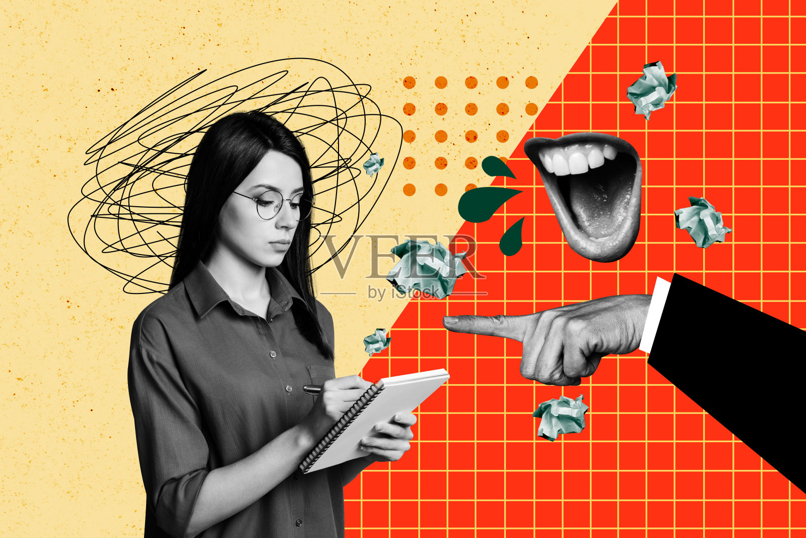 创意抽象模板拼贴，描绘霸凌老板训斥员工的场景，嘴巴尖叫，奇特幻想广告牌漫画照片摄影图片