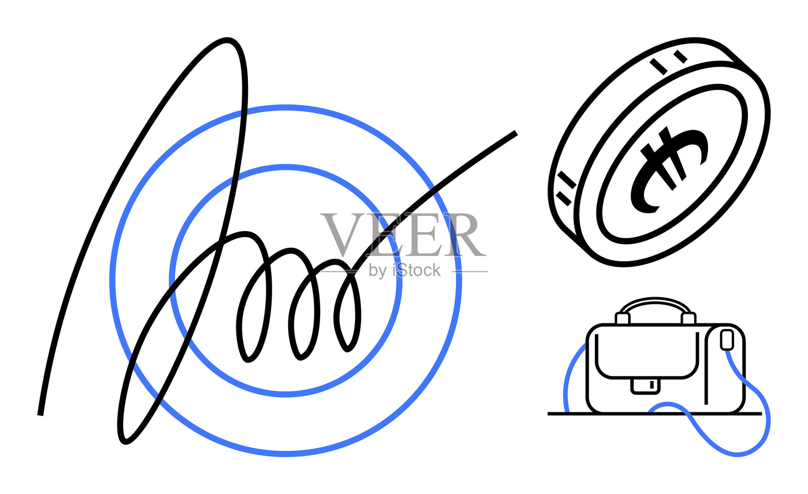 抽象涂鸦与目标图标、加密货币币和公文包，展示商业主题插画图片素材