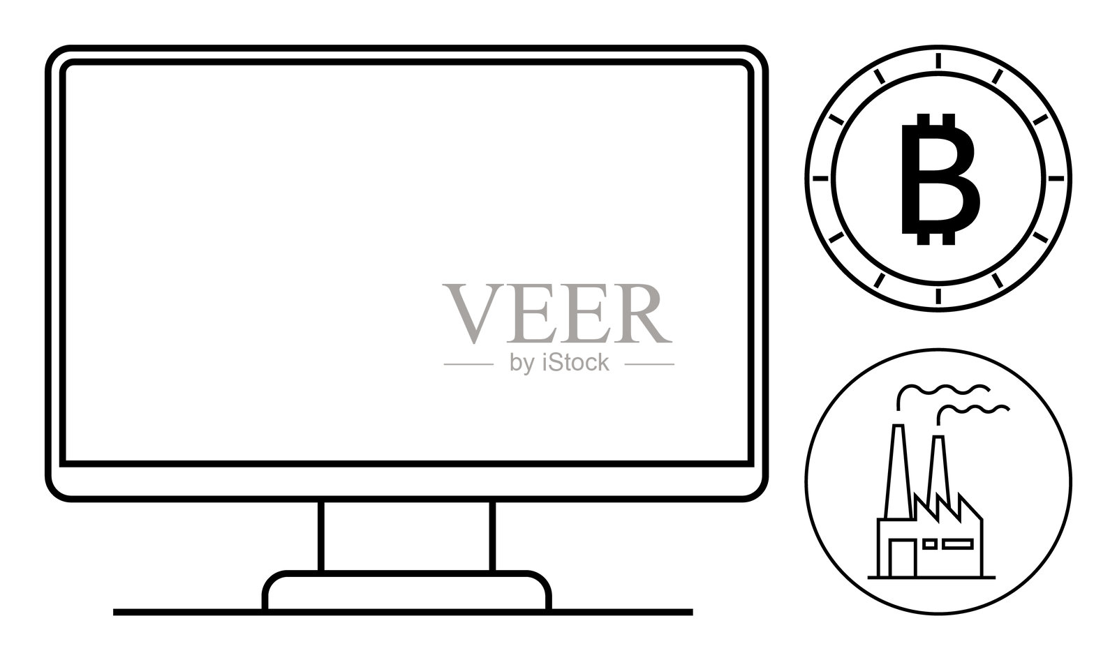 带有比特币符号和工厂图标的电脑显示器，聚焦于加密货币挖矿和数字经济插画图片素材