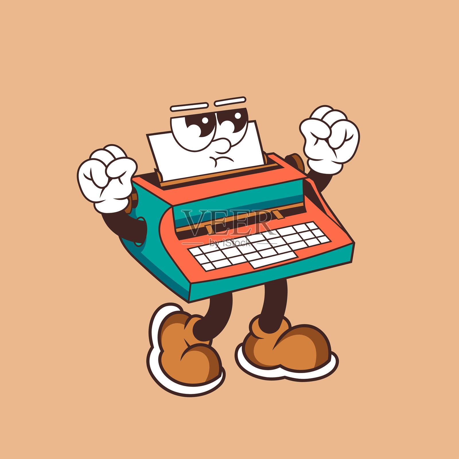 复古风格的愤怒打字机角色设计插画图片素材