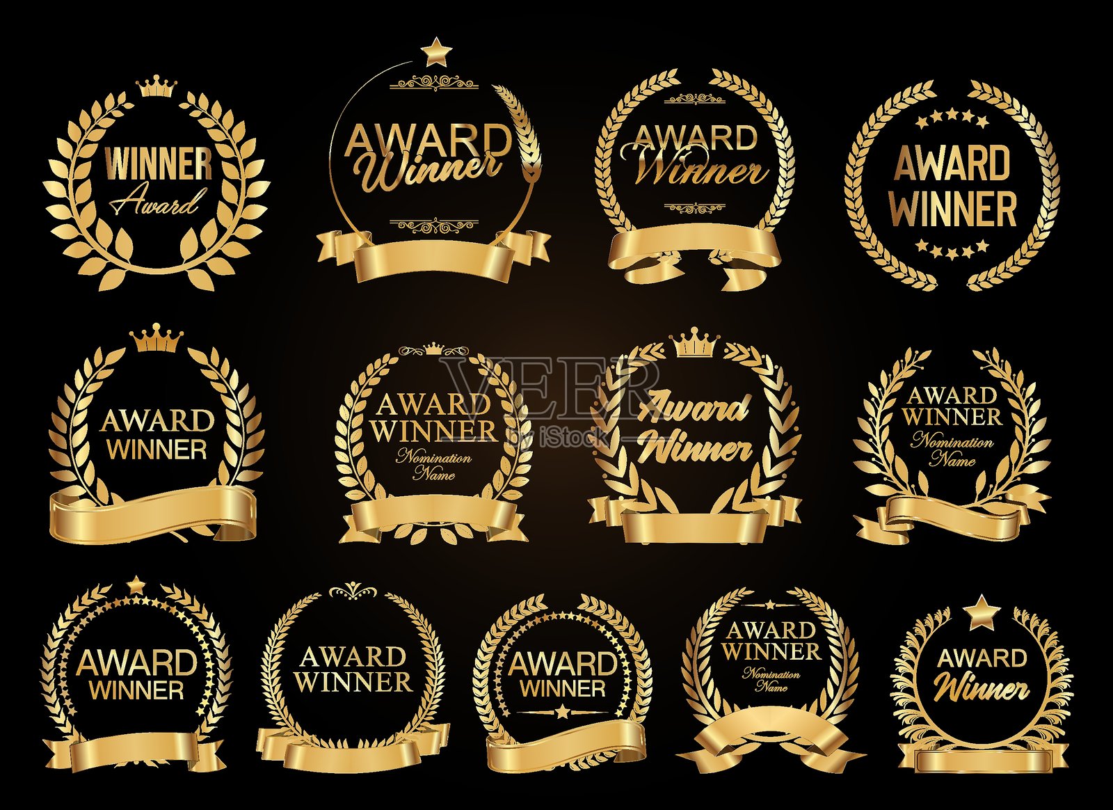 获奖者和顶级评分金色与黑色徽章及标志集合插图插画图片素材