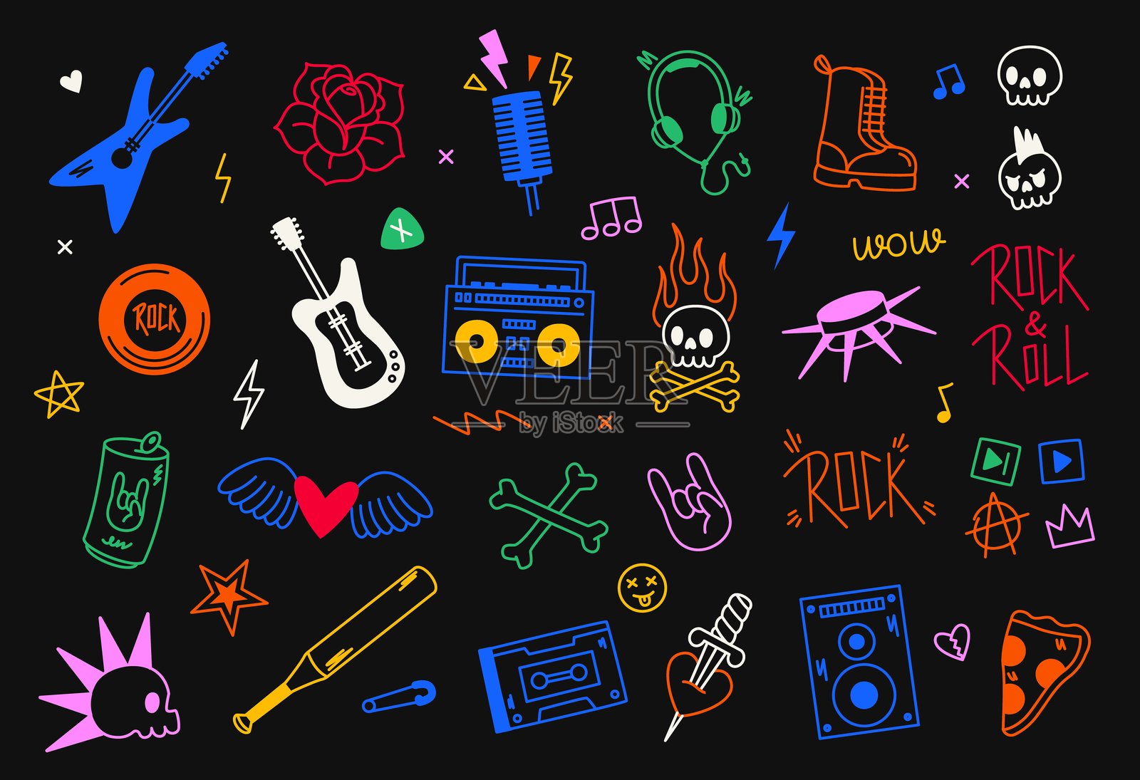 朋克摇滚偶像。涂鸦风格的地下音乐贴纸，摇滚吉他、心形麦克风、骷髅吉他贴纸，音乐乐队标志设计。矢量摇滚乐套件。插画图片素材