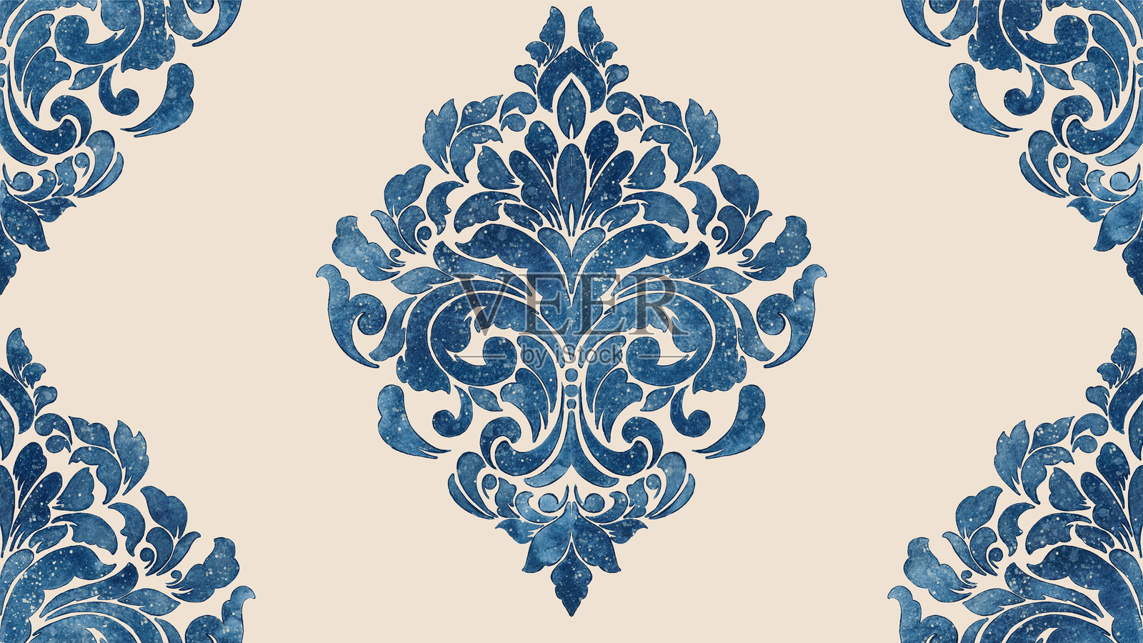 水彩达玛斯克无缝图案元素。复古经典的老式达玛斯克装饰，无缝纹理适用于壁纸和纺织品。插画图片素材