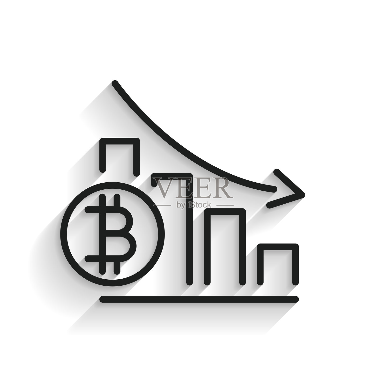 比特币汇率下降的图表。白色背景上的长阴影线图标。插画图片素材
