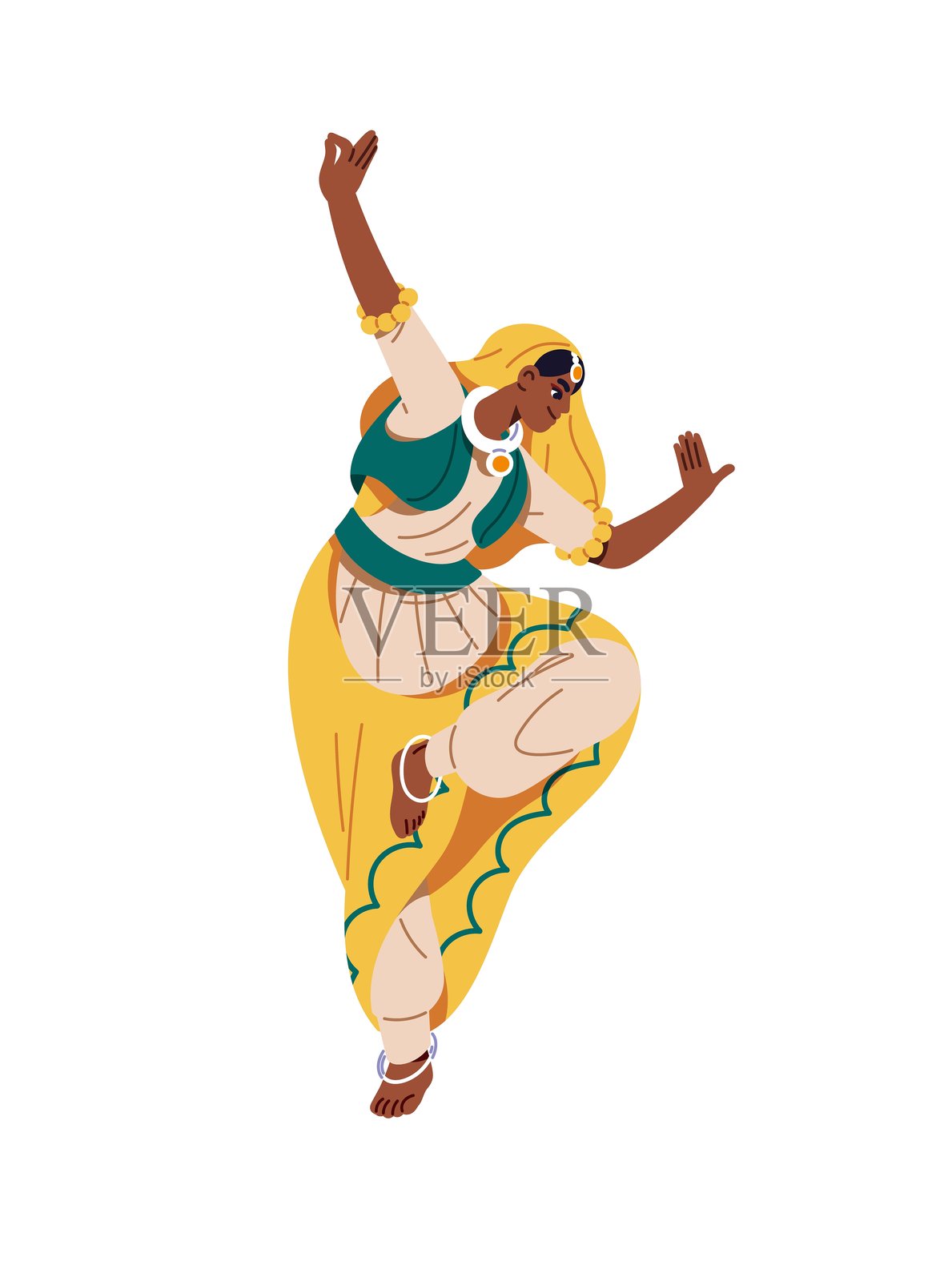 年轻舞者表演传统印度舞蹈。身穿民族服饰和珠宝的女性展示巴拉塔纳提亚舞的姿势。女孩穿着纱丽，手势优雅地表演奥迪西舞。白色背景上的平面插图。插画图片素材