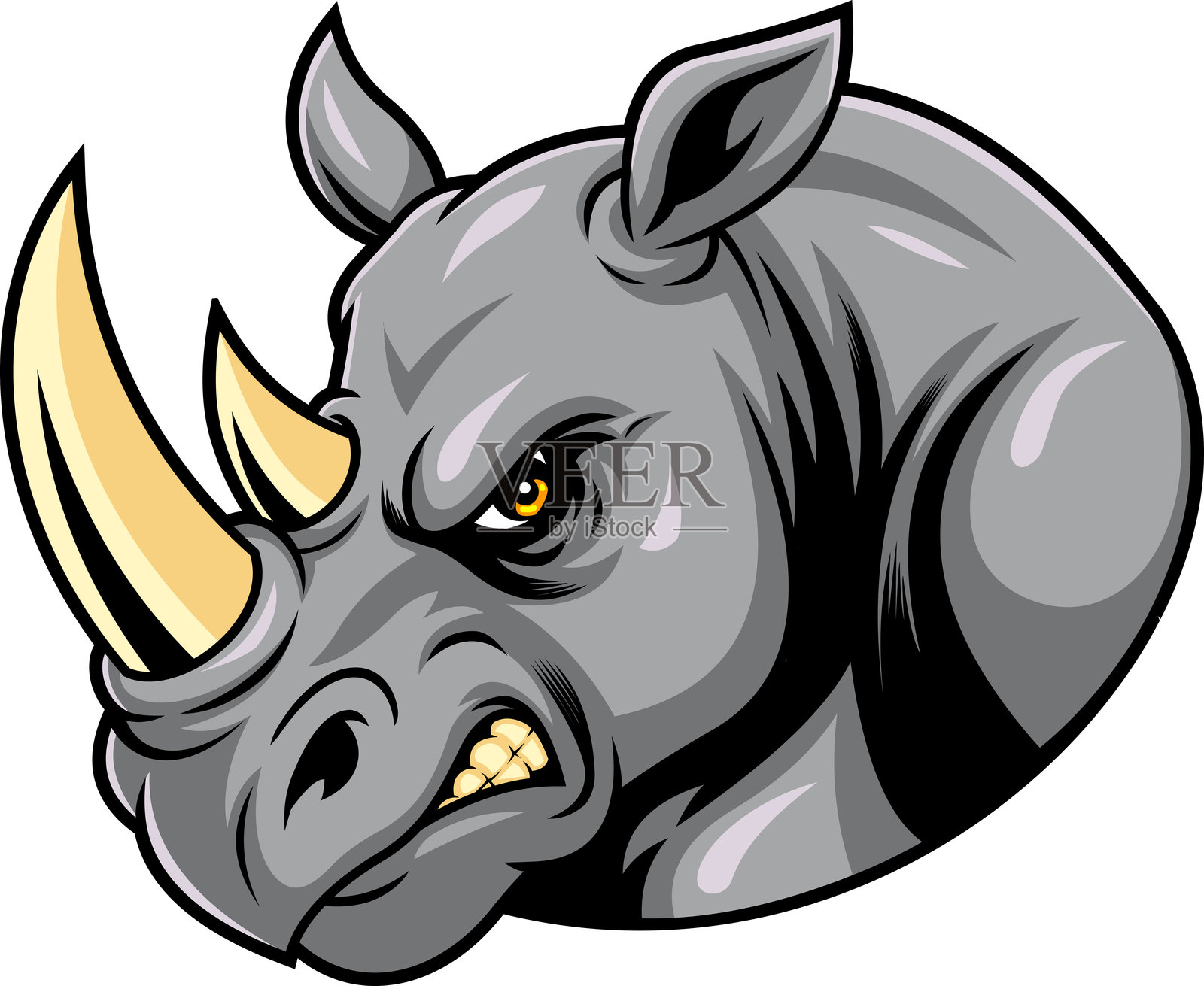 愤怒的犀牛头，带有锋利的角和攻击性的表情插画图片素材