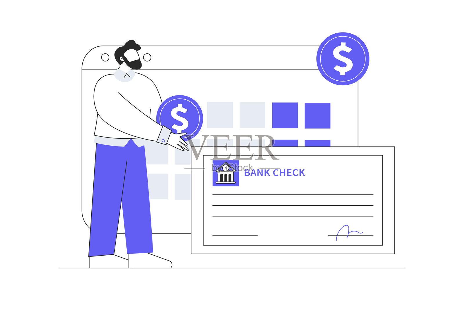 银行账户、信用评级、薪水概念。银行支票。男性角色抱着美元硬币。扁平卡通矢量插图，图标。时尚抽象设计的着陆页面。插画图片素材