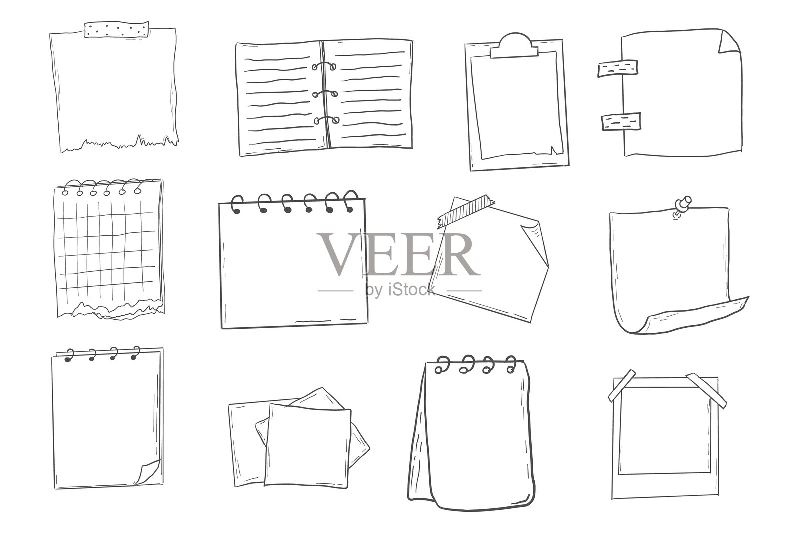 备忘录页面子弹日记笔记草图，手绘涂鸦贴纸办公室列表框或边框。漫画计划提醒，文具设计元素组合。矢量插图插画图片素材