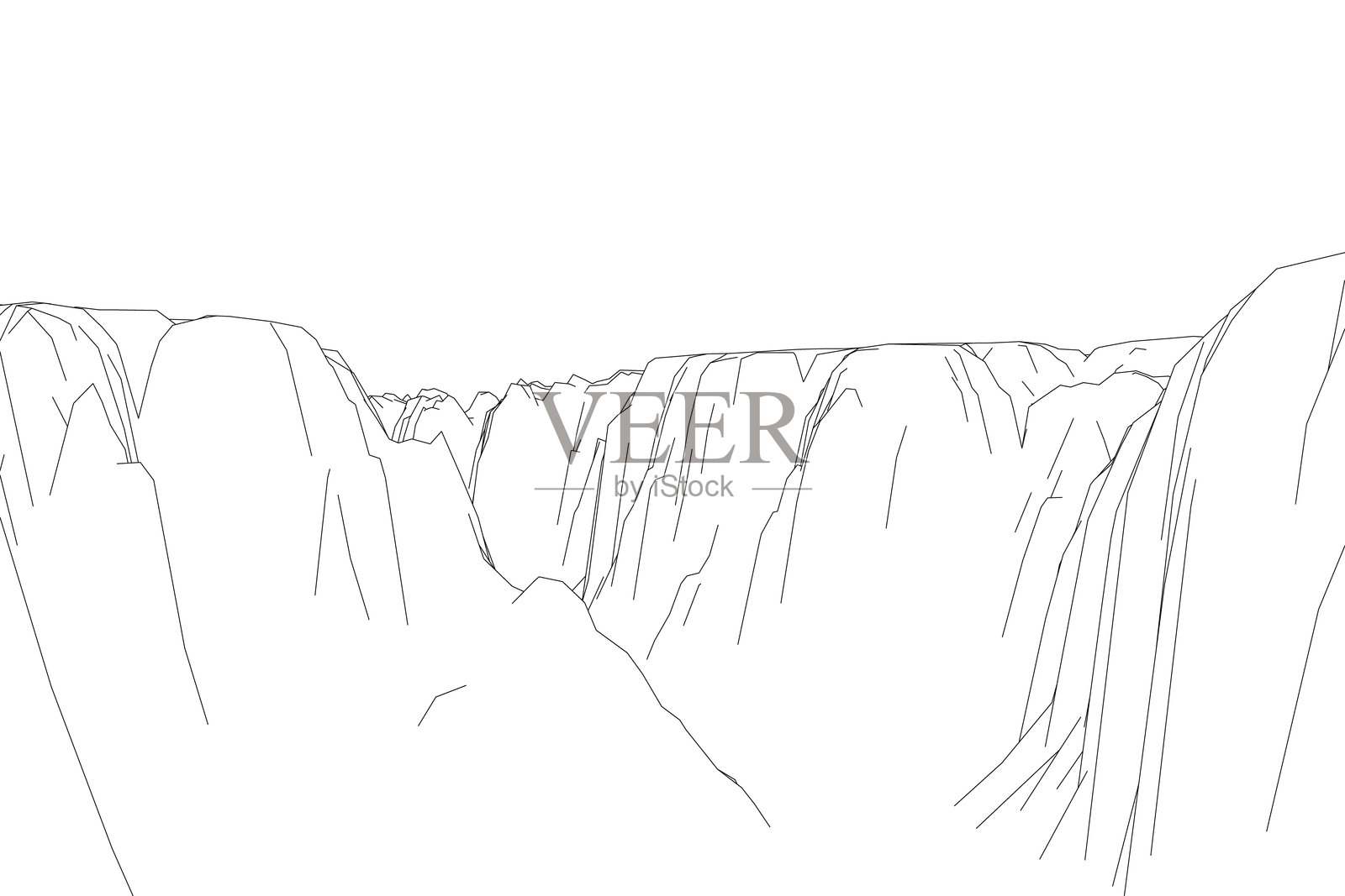 一座黑白山脉展现在眼前，山峰高耸入云，天空非常晴朗。插画图片素材