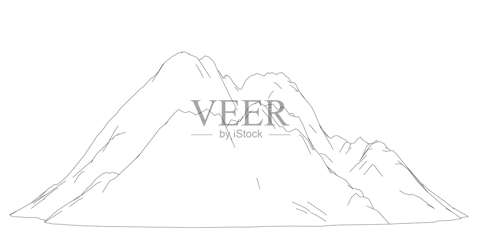 一座黑白山脉展现在眼前，山峰高耸入云，天空非常晴朗。插画图片素材