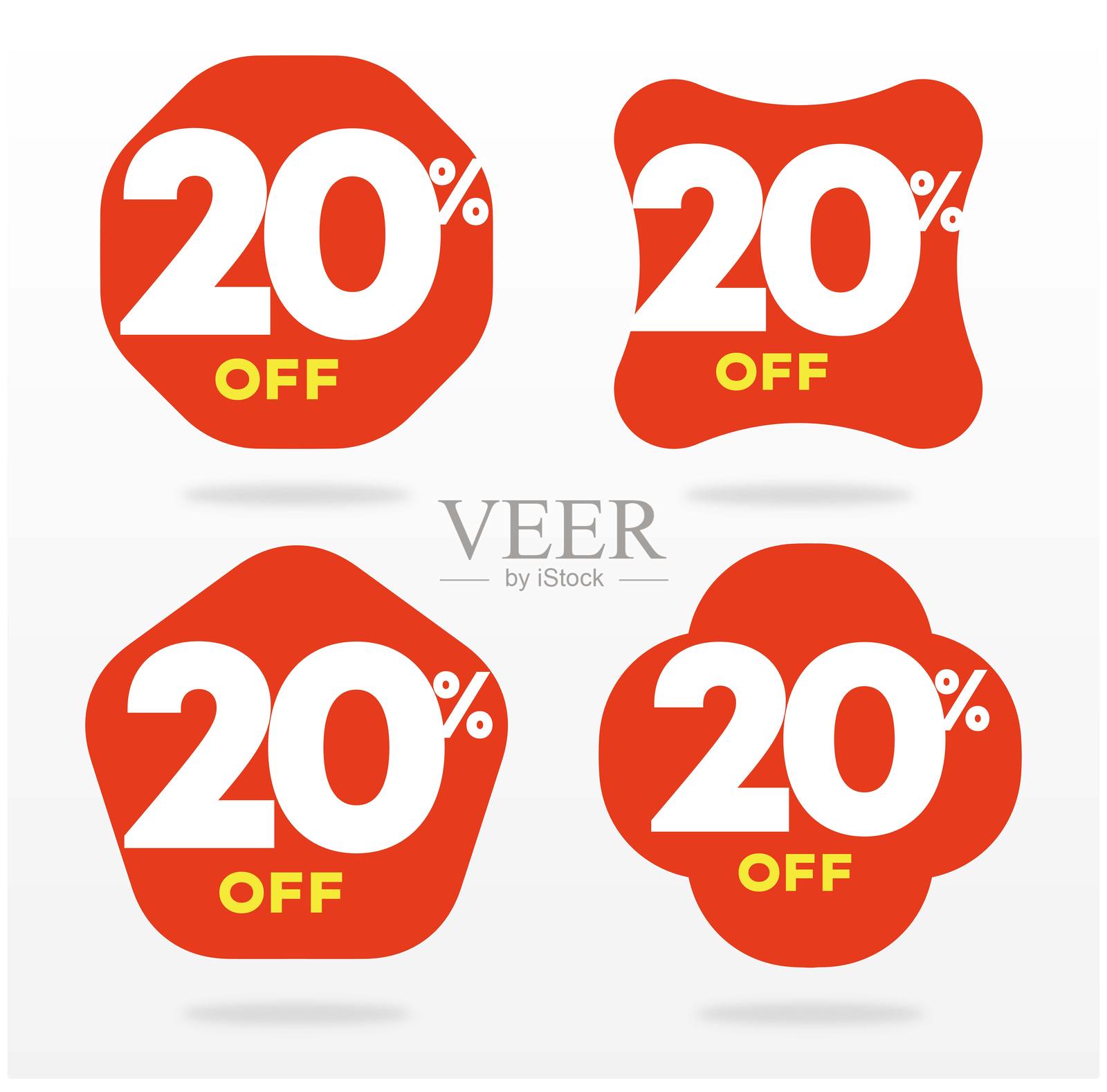 20%折扣。价值，广告，销售，折扣，价格，标签，产品，商店，优惠。标签，销售，促销，特价，红色气球，商店，零售。形状，套装，矢量。插画图片素材