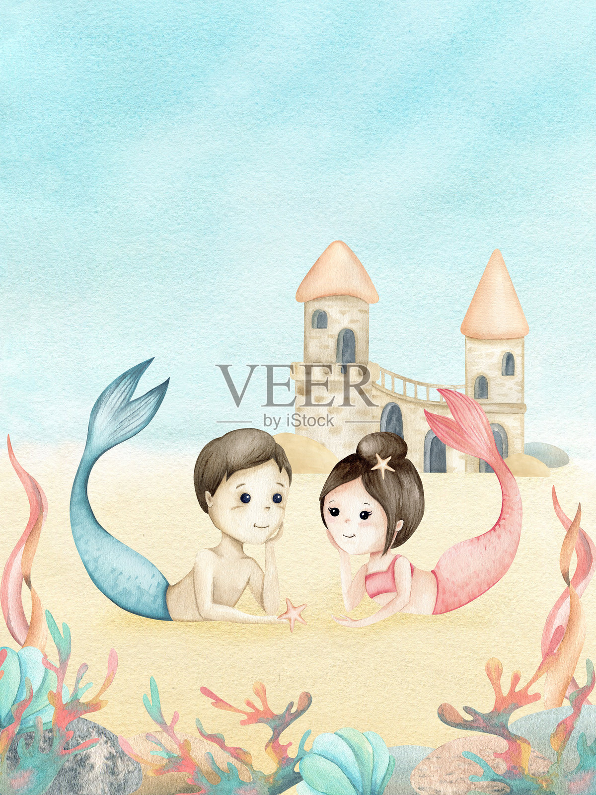 美人鱼小女孩和小男孩，甜蜜的恋爱情侣。水下世界，有公主的城堡和年轻的波塞冬，海藻。水彩儿童插图，藻类，贝壳。儿童海报，明信片。插画图片素材
