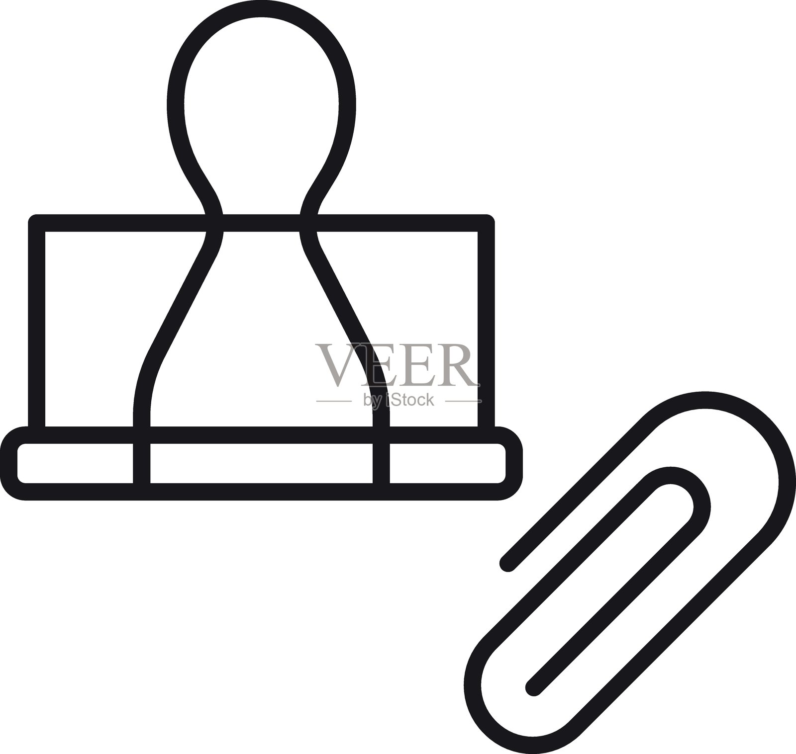 办公用品图标，桌上有一个回形针和一个文件夹夹，采用细线风格。插画图片素材