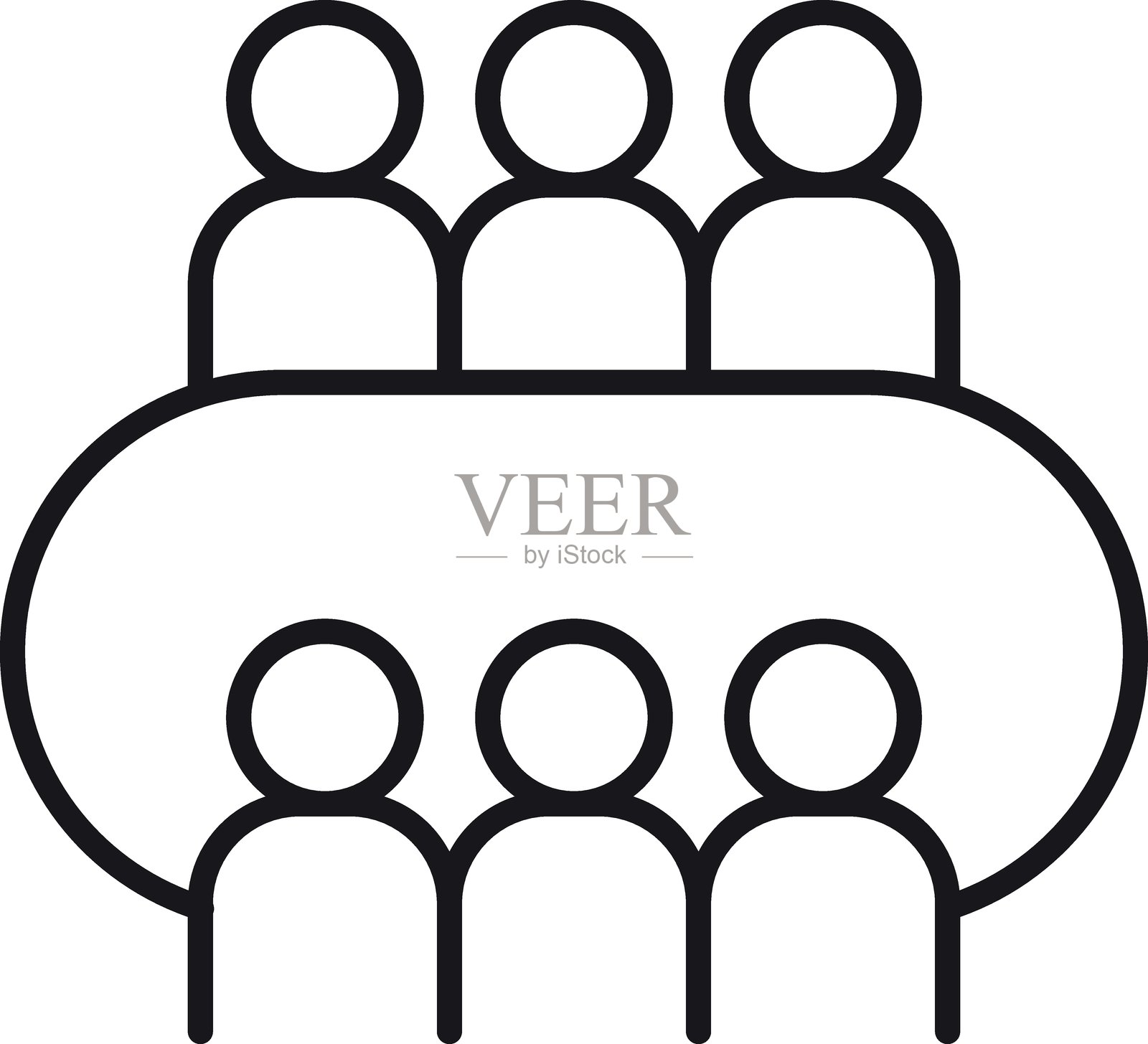 简单图形风格的图标，展示围坐在桌子旁的会议人群，采用细线条设计。插画图片素材