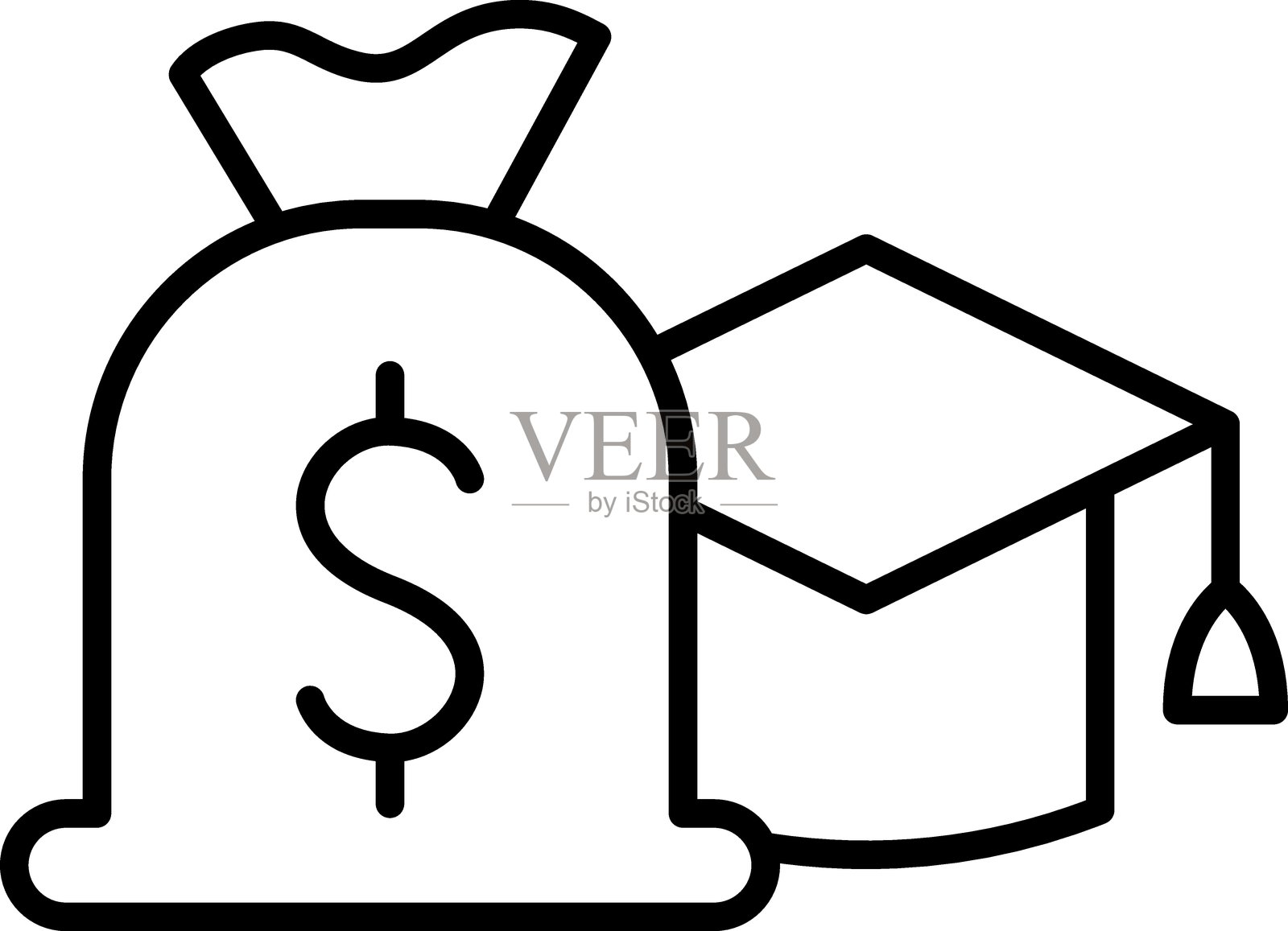 学生贷款概念，带有钱袋和毕业帽的插图，采用细线风格。插画图片素材