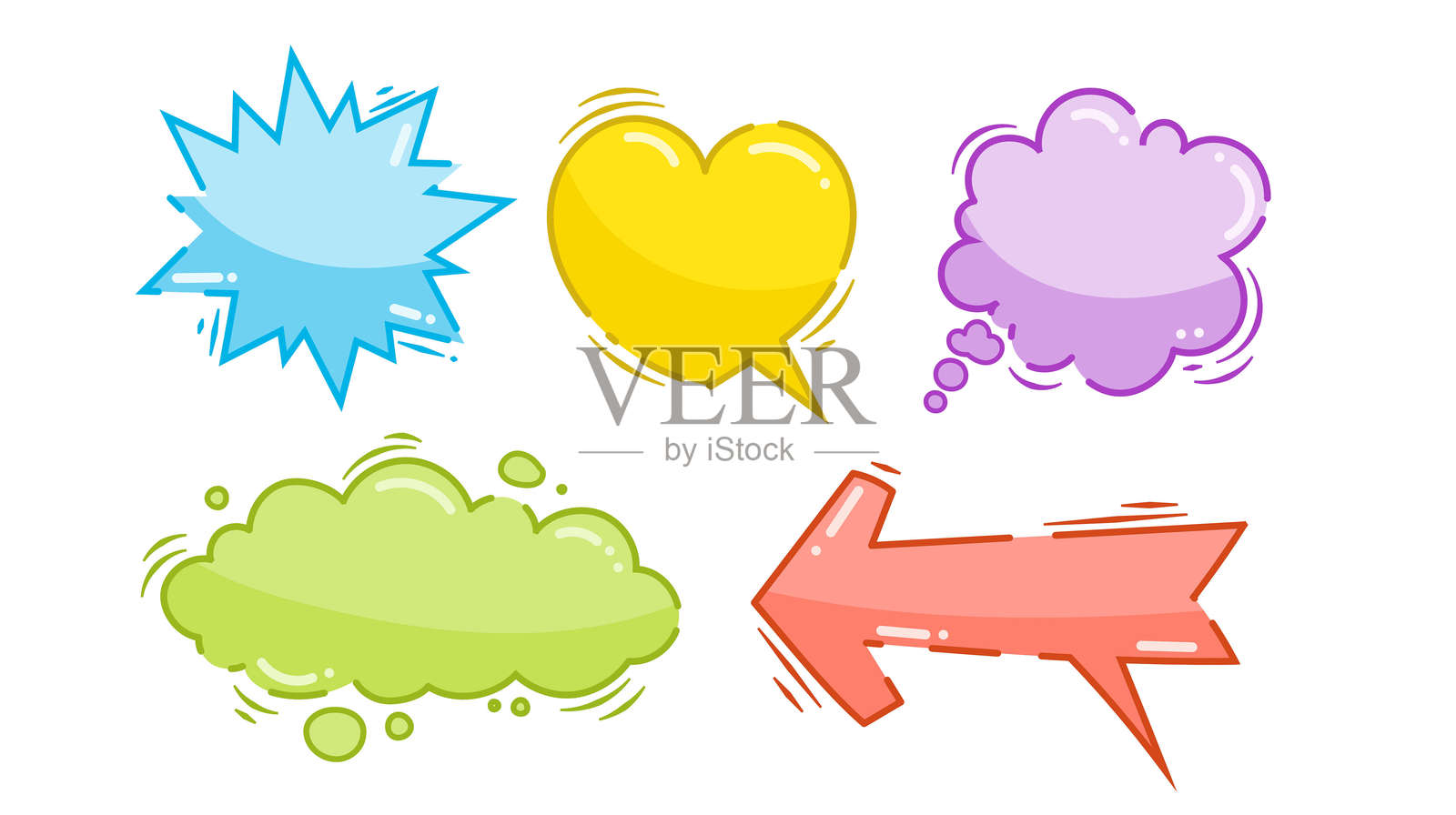 多彩的对话气泡套装，云朵，心形，箭头，哇，思考气球，卡通元素矢量插图插画图片素材