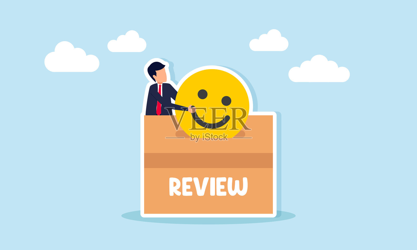 商人将快乐表情符号放入评论框，插图展示了对商业服务体验的反馈。插画图片素材