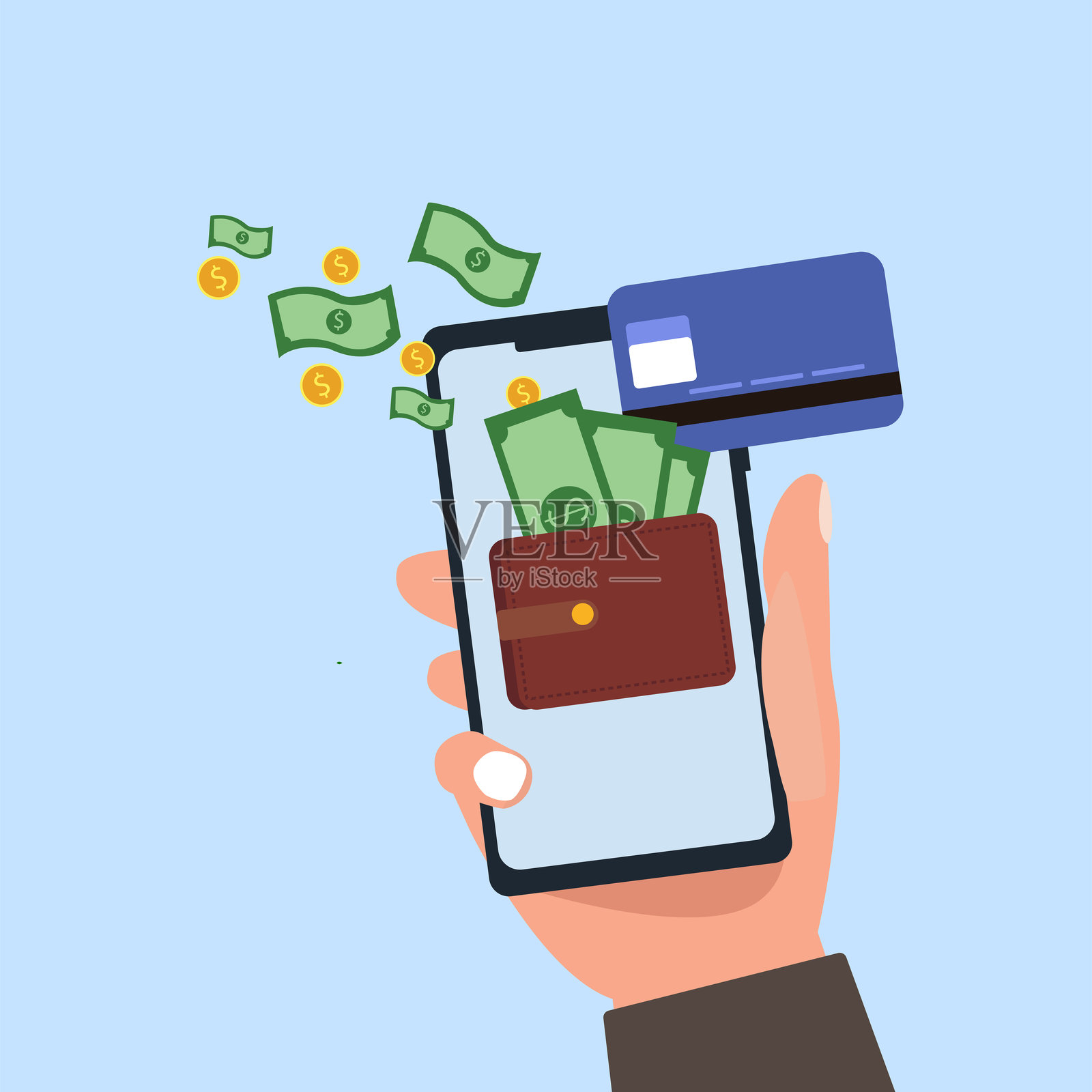 手握智能手机，设备屏幕上显示钱包和信用卡的矢量插图。插画图片素材