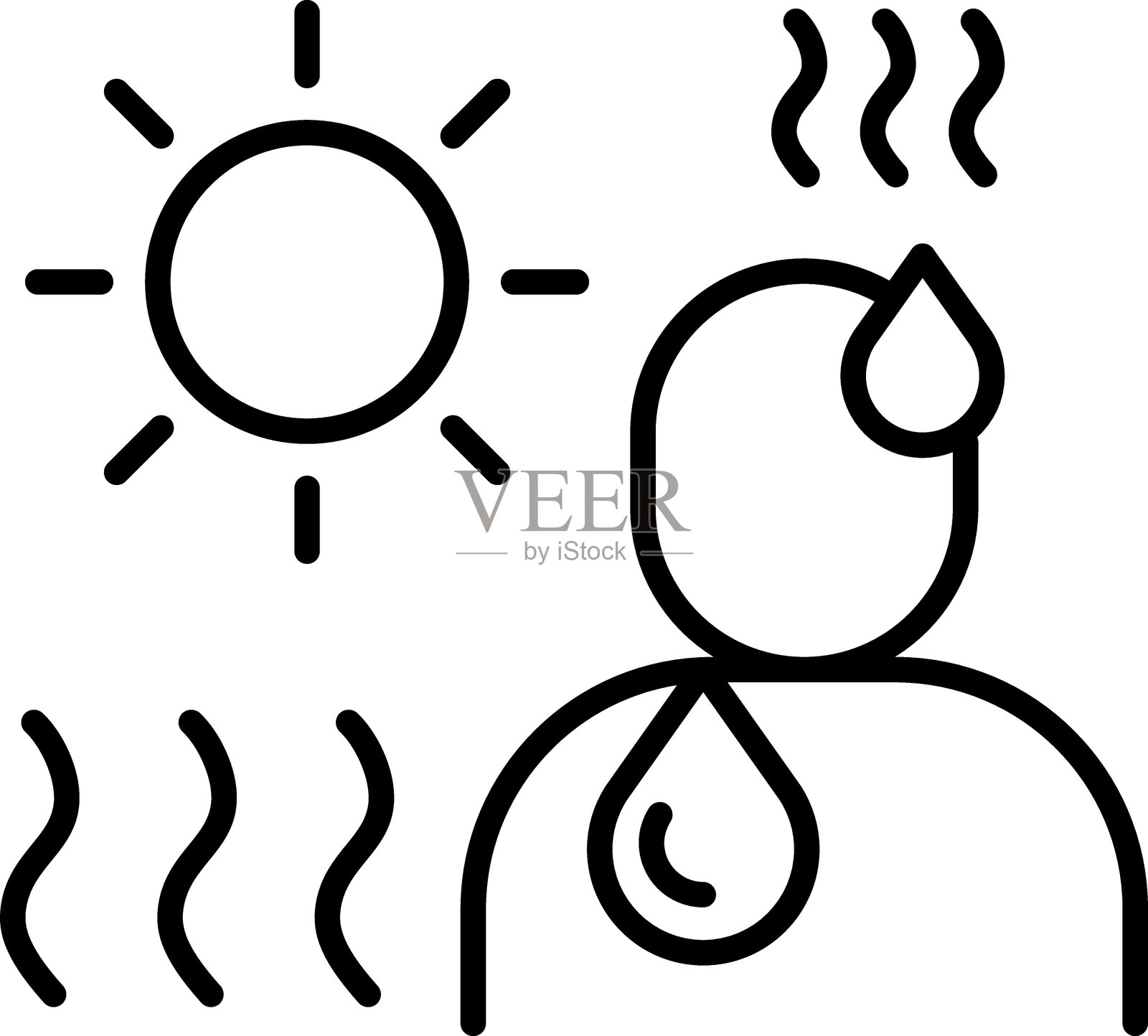 在炎热的阳光下出汗的人图标，象征着热的不适，采用细线风格。插画图片素材