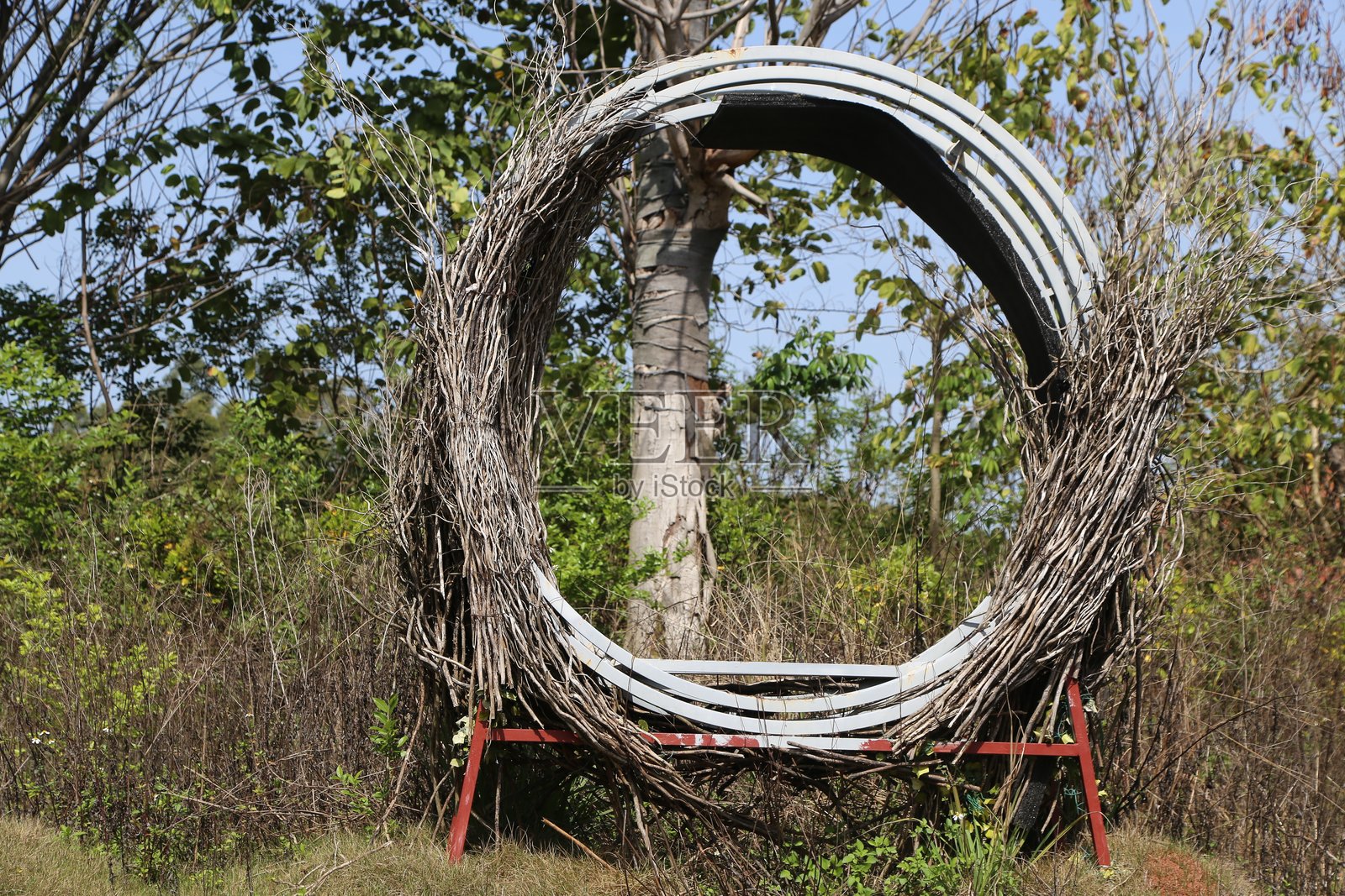 一个由薄金属和粗藤蔓制成的圆形环安装在农村农田中央的铁架上，周围长满了树木。照片摄影图片