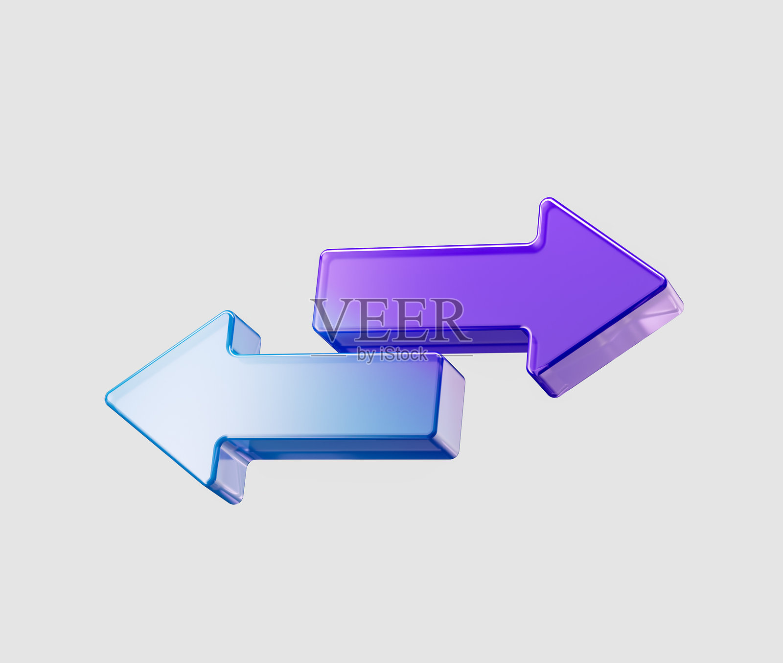 两支闪亮的紫色和蓝色3D箭头，分别指向左侧和右侧。3D插图。照片摄影图片