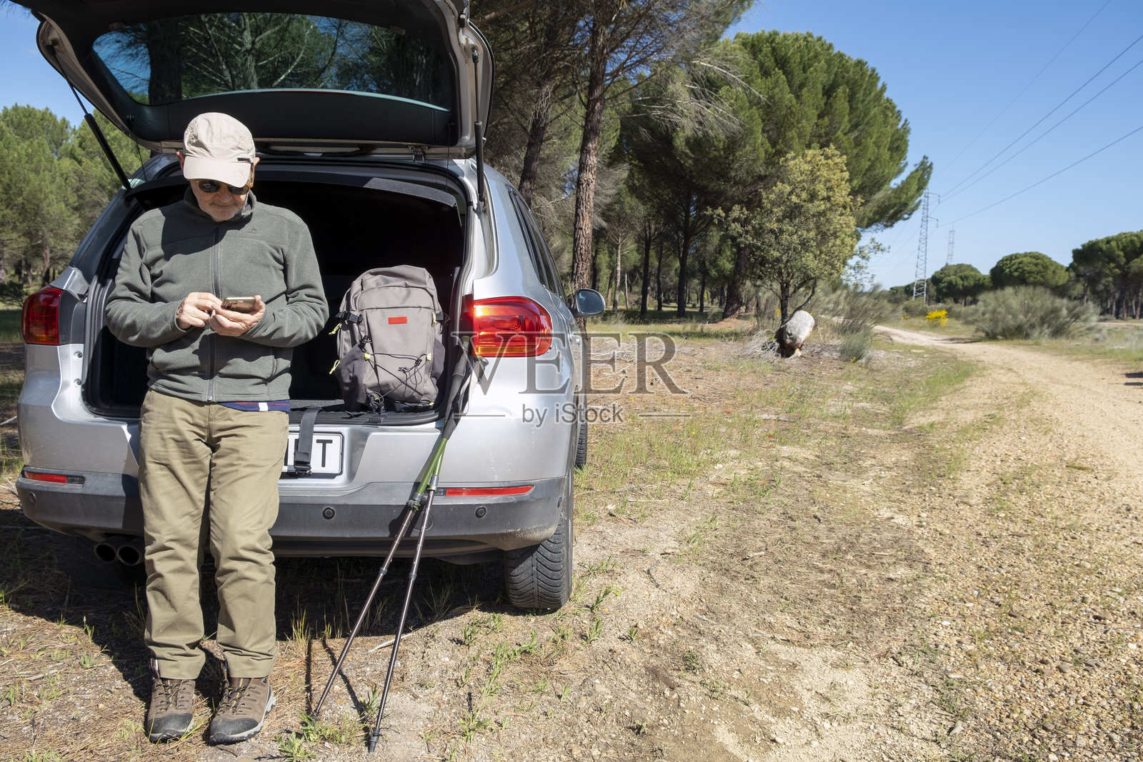 男子在森林中站在汽车后备厢旁查看智能手机照片摄影图片