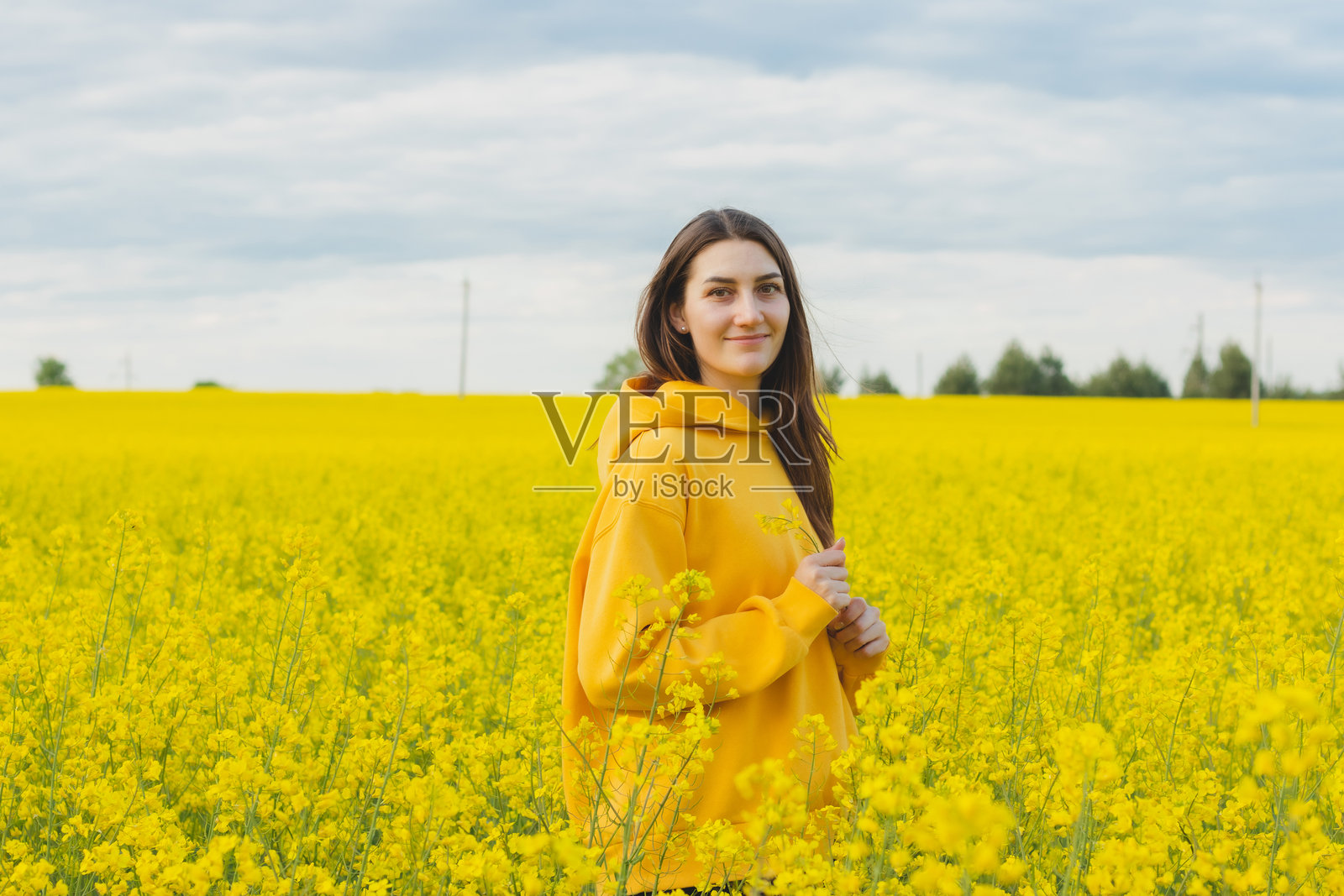 年轻美丽的女性穿着黄色连帽衫，特写镜头，站在黄色的油菜花田中，背景是蓝天。白俄罗斯，布列斯特地区照片摄影图片