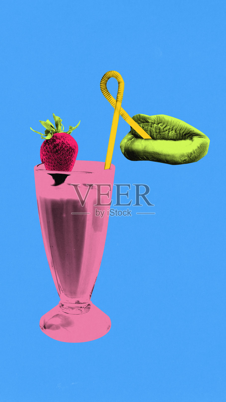 当代艺术拼贴。绿色的嘴唇从插在粉色奶昔中的黄色吸管饮用，奶昔上面放着草莓，形成超现实的排毒效果。照片摄影图片
