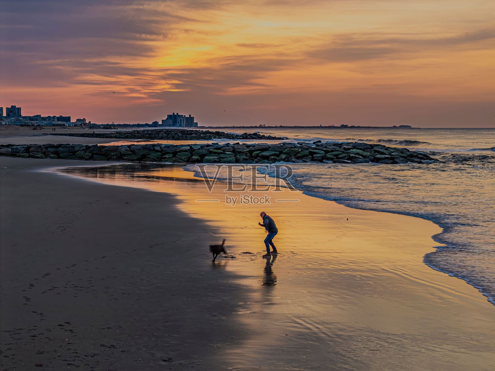 男人和狗在日出时分的海滩上玩飞盘游戏照片摄影图片