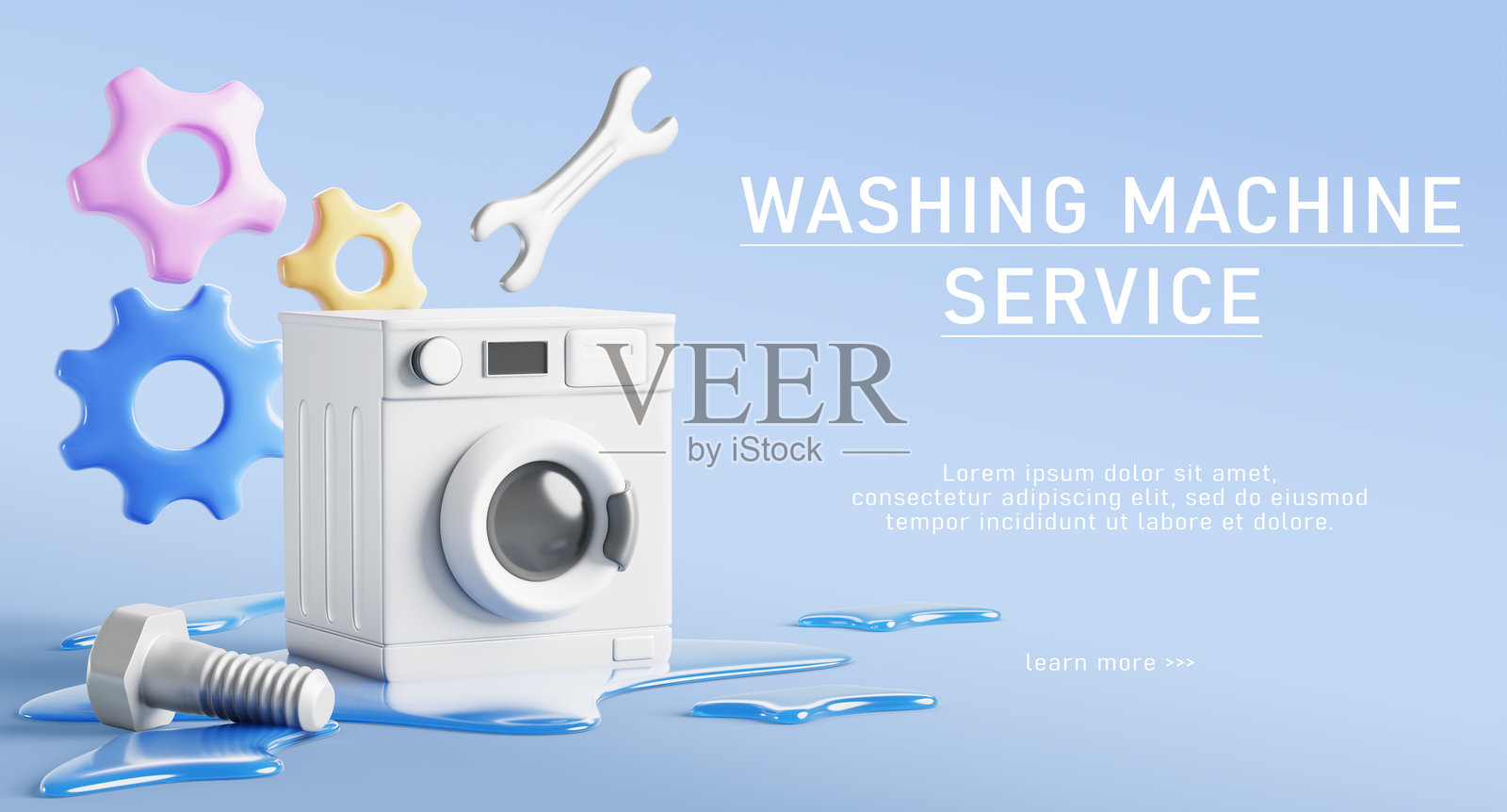 洗衣机维修服务广告横幅。地板上有液体水洼的坏洗衣机，螺栓、扳手、齿轮在蓝色背景上。洗衣设备修理，家庭紧急维修工作。照片摄影图片