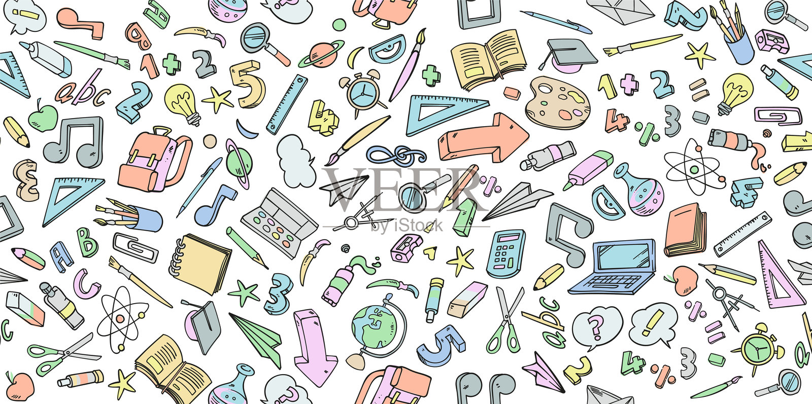 学校物品和符号的涂鸦卡通矢量背景集。矢量插图。插画图片素材