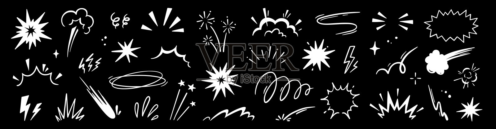 线速度卡通效果，爆炸运动线元素集。漫画爆炸、爆炸烟雾、线速度卡通矢量图标。手绘草图涂鸦动作效果。矢量插画图片素材