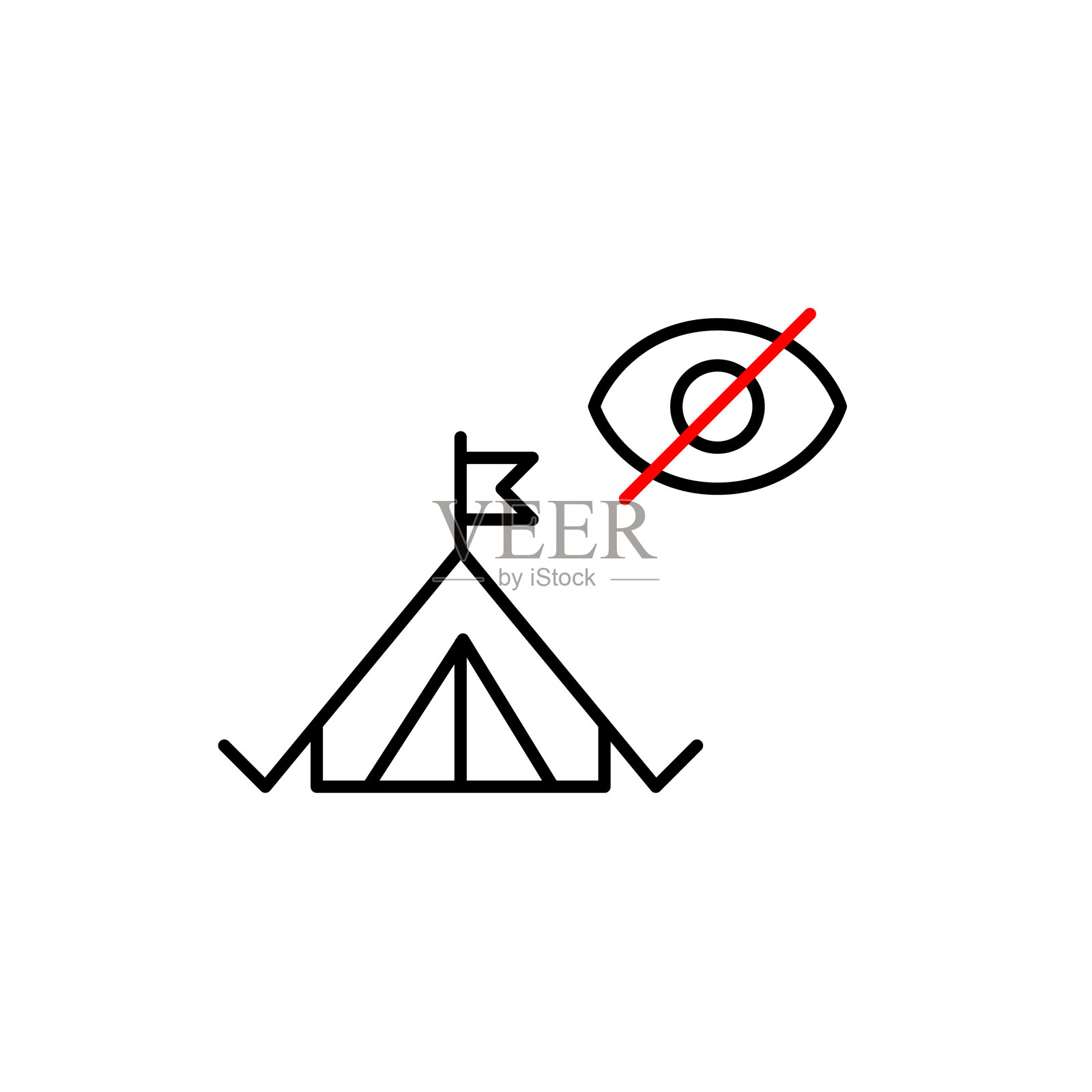 带有交叉眼睛的露营帐篷矢量图标，象征着隐秘的露营地、私人度假或隐蔽的户外住宿。非常适合旅行应用、露营平台和注重隐私的服务。插画图片素材