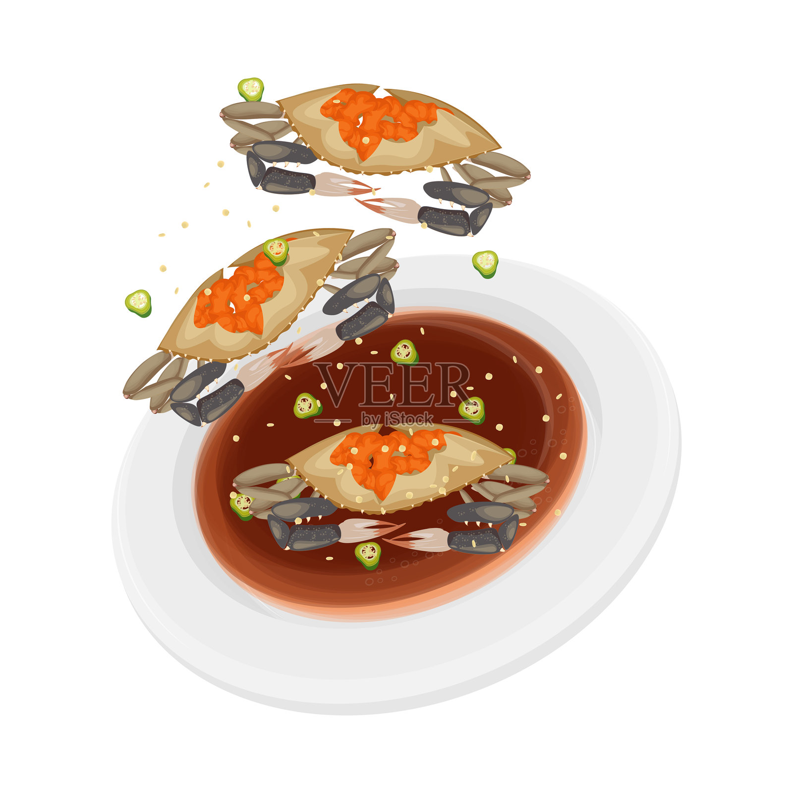 悬浮的酱油蟹在盘子上插画图片素材